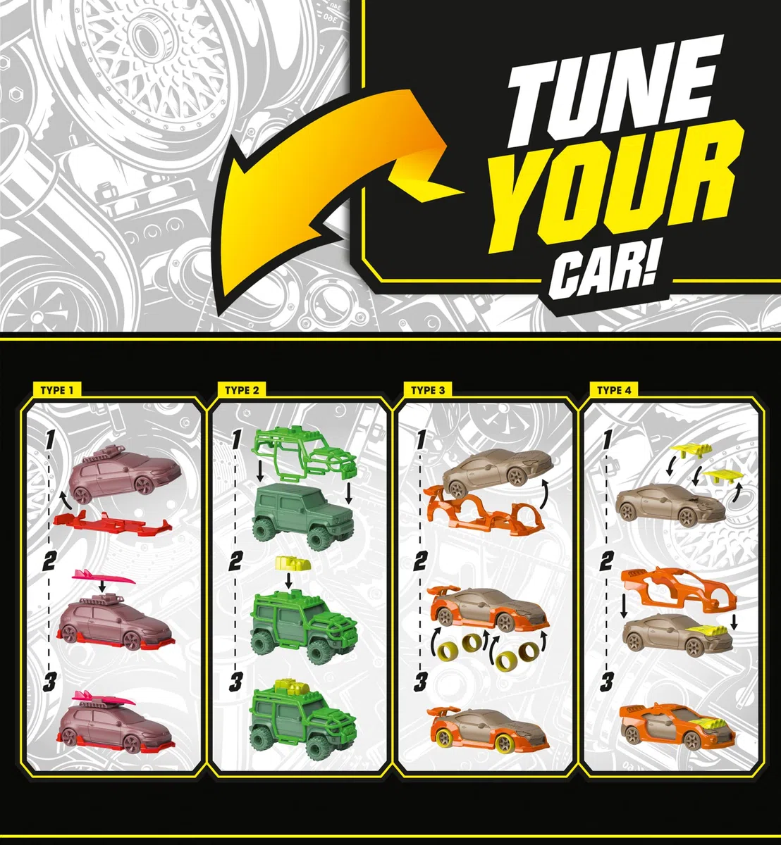 Majorette - Tune Up's Metal Cars giocattolo per accordatura, confezione da 20 sorprese con 2 auto, 8 accessori, 4 fogli di adesivi, 2 gettoni, 2 volantini, 2 scatole da collezione, 212051008