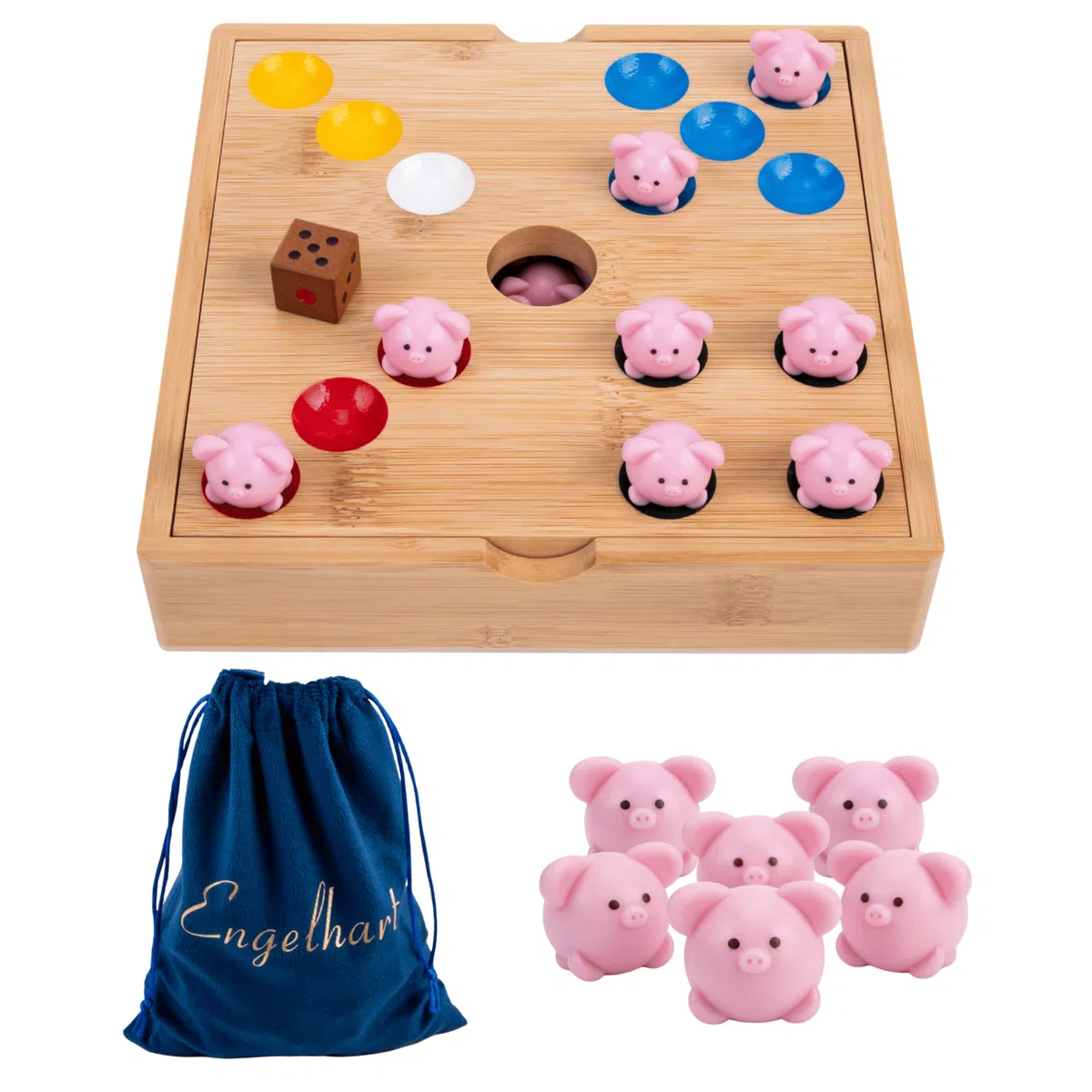 Engelhart-350444 – Gioco del Maialino – Gioco da Tavolo Familiare – Scatola in Legno di Bambù – 60 Maialini in Silicone + 2 Dadi + Regole – Divertente per Bambini e Adulti