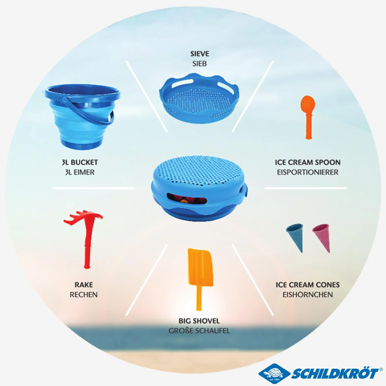 Schildkröt 7in1 Set da Gioco di Sabbia, Innovativo, Compatto e Salvaspazio, Secchio Pieghevole da 3 Litri con 6 Giochi di Sabbia per Scavare, Modellare, Setacciare e Rastrellare, 970244