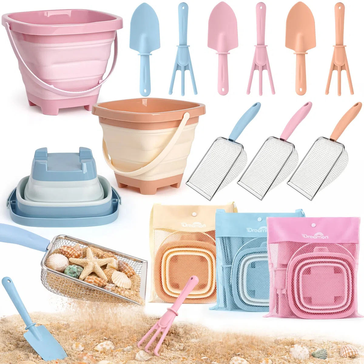 Dreamon Giochi Spiaggia Bambini Set 3 4 5 Anni con Secchiello Spiaggia Bambini Pieghevole Sacco a Rete Setaccio per La Sabbia Pala e Rastrello Giocattoli Regalo Esterno per Bambini e Bambine