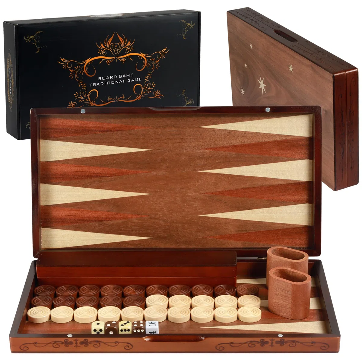 Lussuoso set da backgammon in legno fatto a mano - grande tavola da viaggio pieghevole da 16'' (40,6 cm) con pezzi di grandi dimensioni e scatola portaoggetti, gioco di strategia premium per due