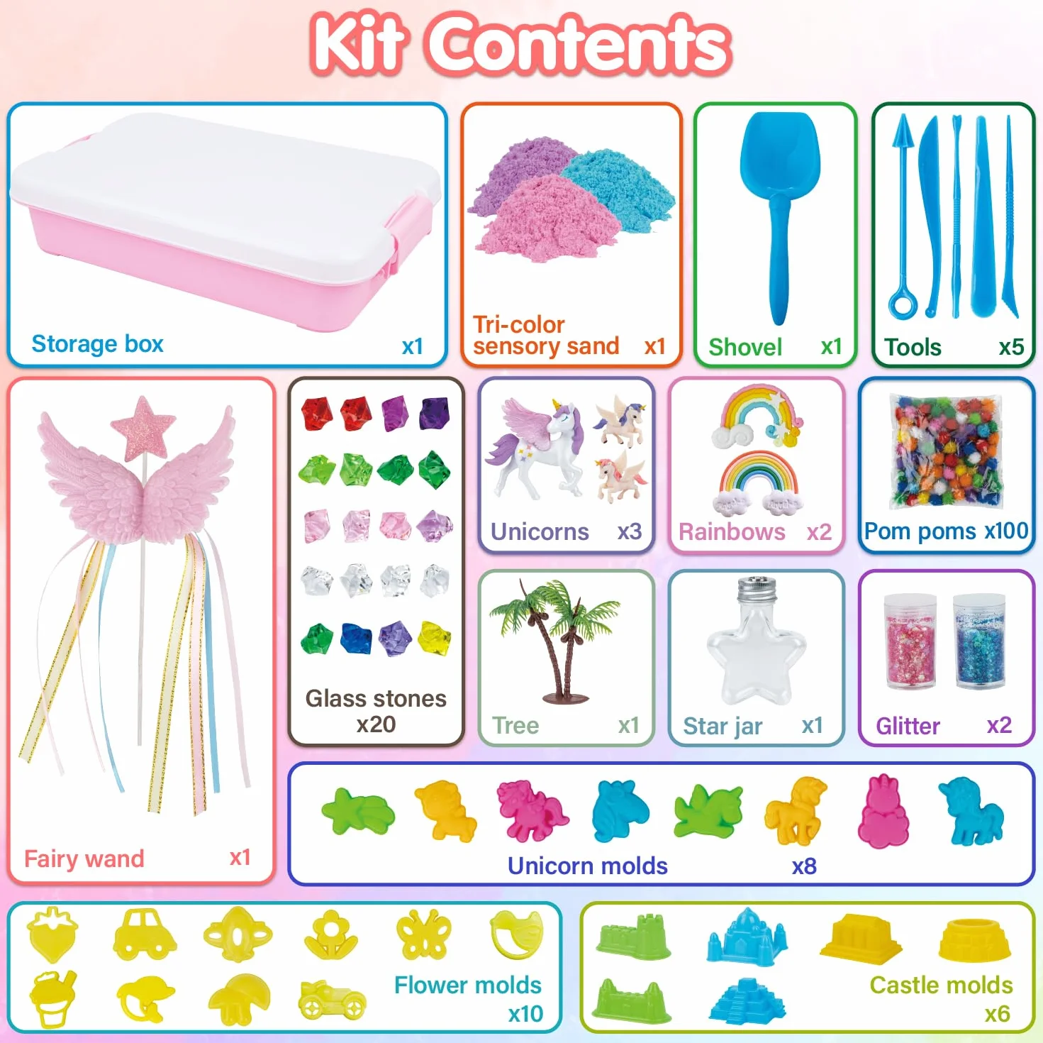 snookids Sabbia Magica per Bambini, Set di Giocattoli da Sabbia Unicorno, con Cera d'api Naturale, 24 Formine, 3 Unicorni, Conchiglia con Coperchio, Sensoriale per Giochi bambina 3 4 5 6 7 8 9+ Anni