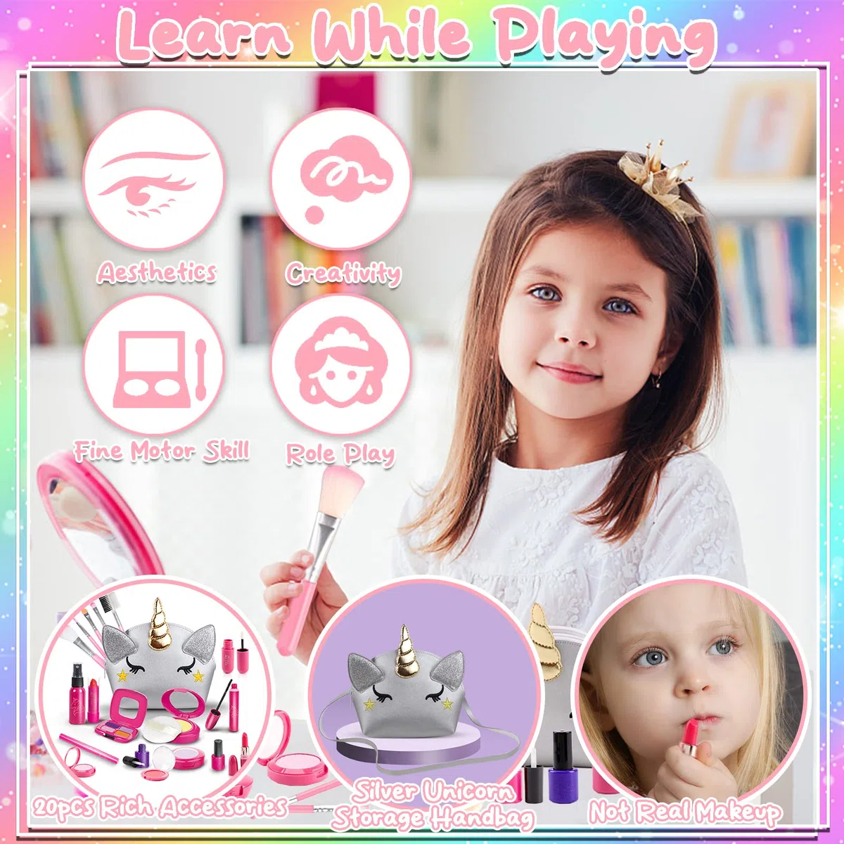 STAY GENT Trucchi Finti Set Parrucchiera Bambina con Argento Unicorno Borsa Valigetta, Regali per Ragazze 3-12 Anni, 20 Pezzi