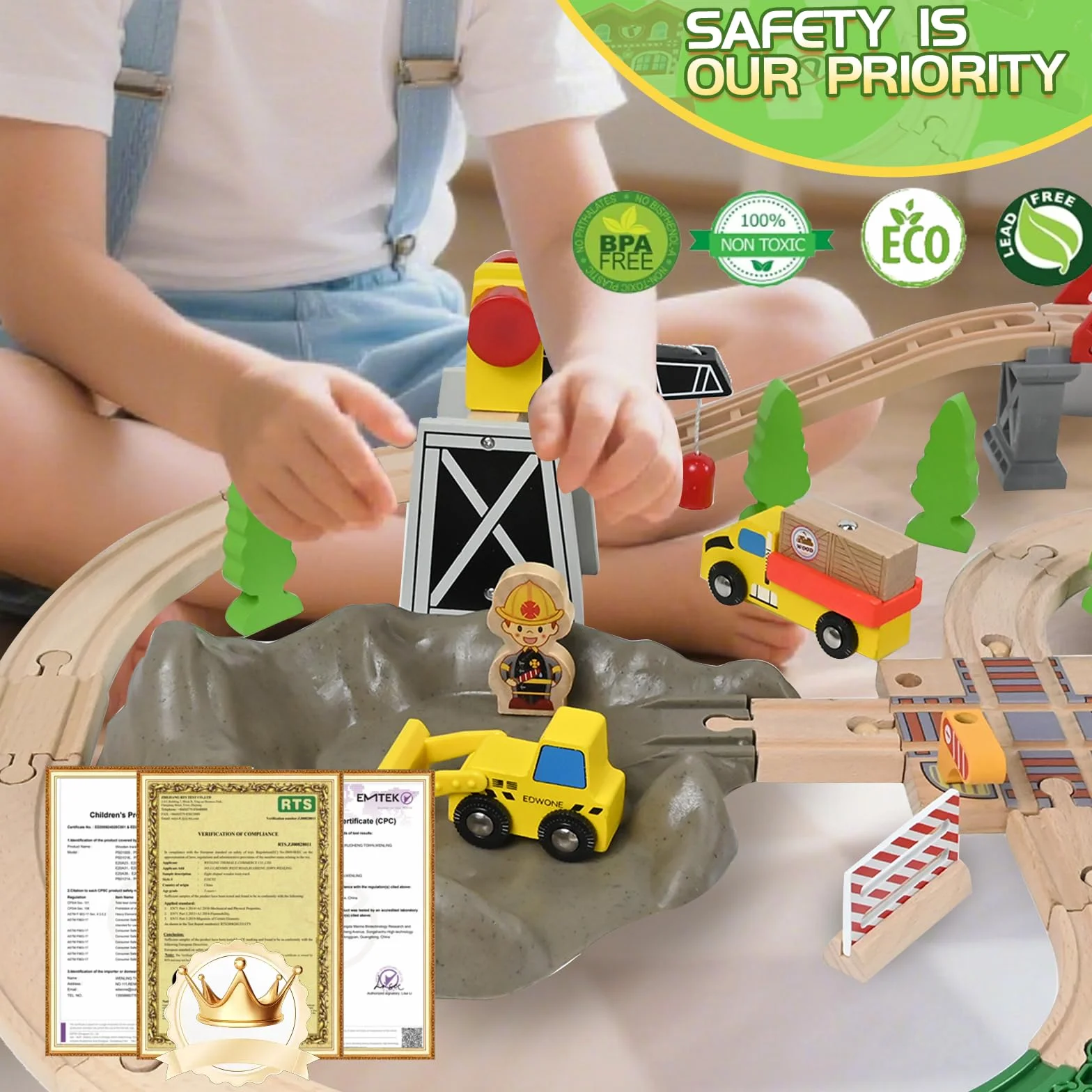 HERMORRYSS Treni in Legno per Bambini, Set di 100 pezzi Treni e Giocattoli in Legno, Ferrovia Ingegneristica con Gru Magnetica, Treno Elettrico, Figure Umane, Luci di traffico, Regalo per Bambini 3+