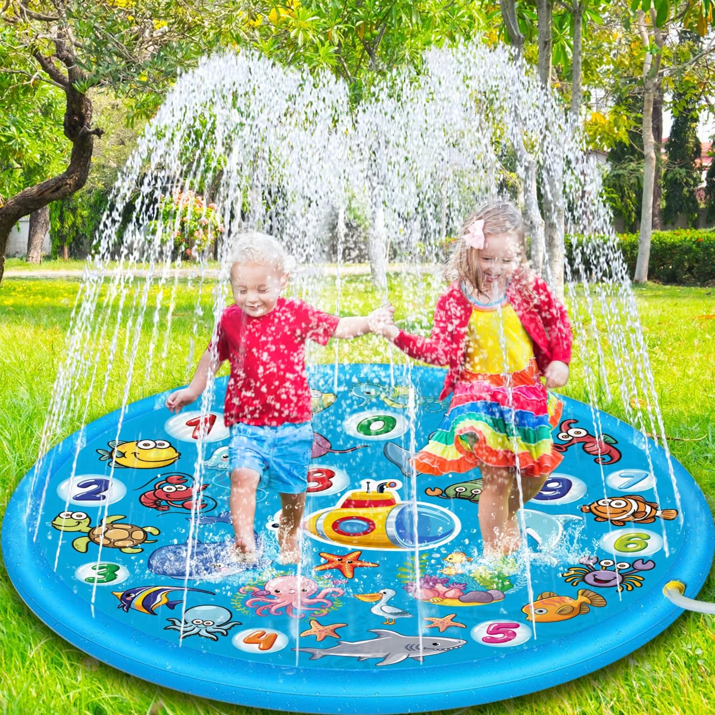 Chennyfun Tappetino Gioco d'Acqua per Bambini, 170cm Aumento Antiscivolo Splash Pad, Spruzza la piscina con giochi d'acqua, Giocattolo per tappetino spray da giardino per giochi all'aperto per Bambini