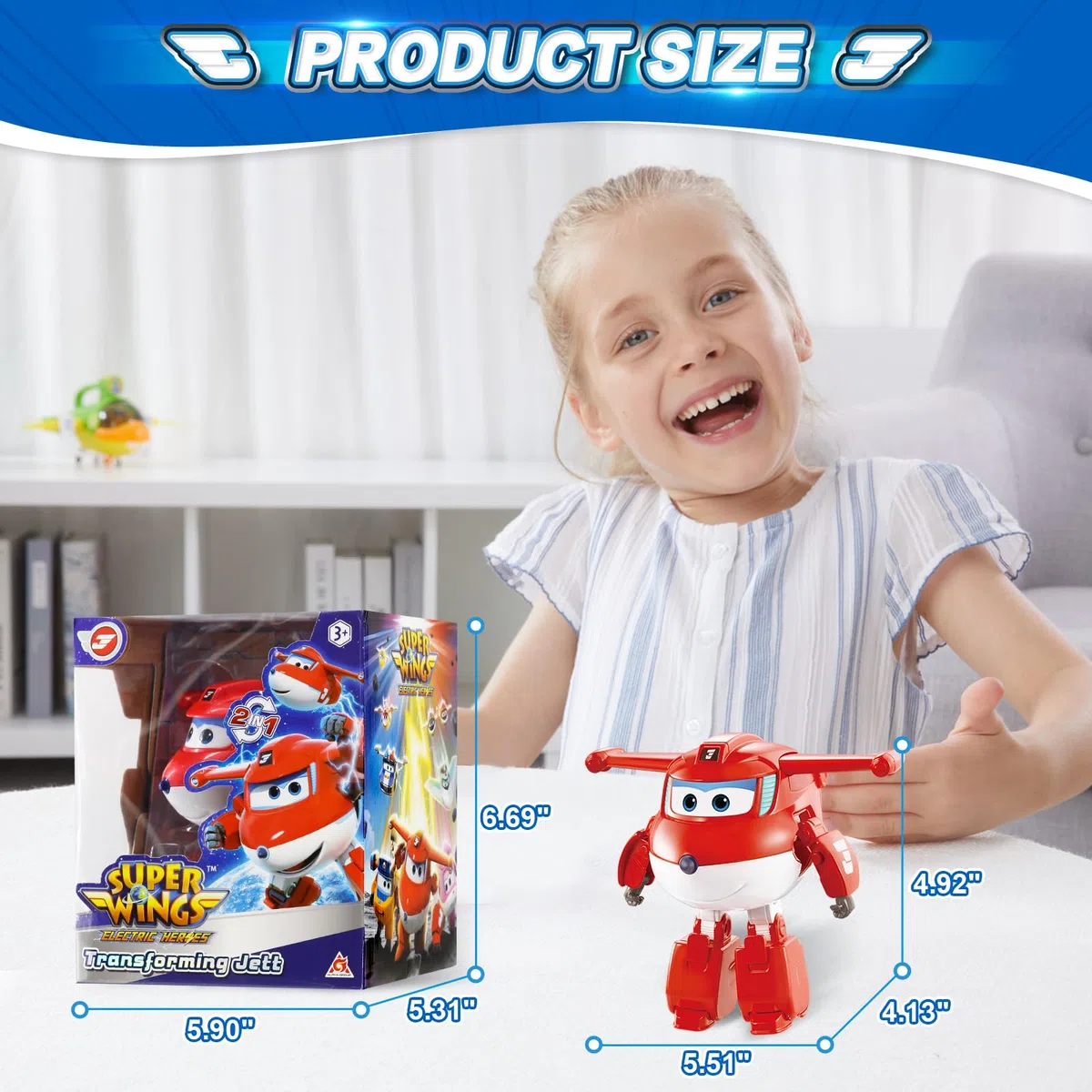 Super Wings Transformable aeroplano Supercharged Jett, altezza circa 12,7 cm, Figura d'azione 2 in 1, aeroplano giocattolo e figura robotica per bambini e bambine a partire da 3 anni