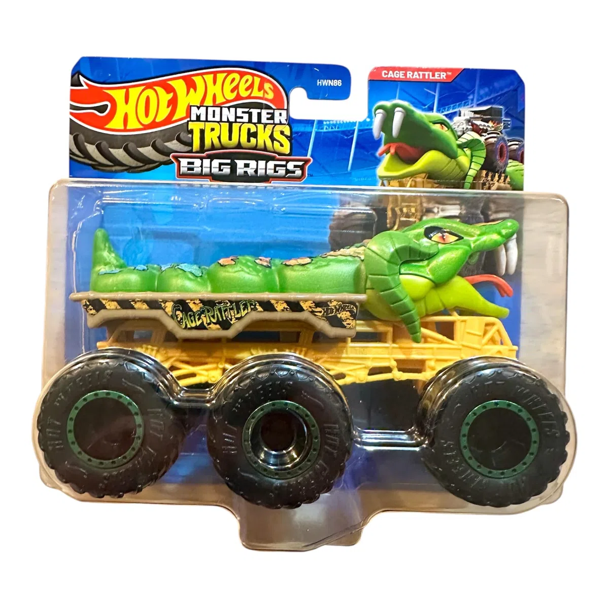 Hot Wheels Monster Trucks Big Rigs, camion rimorchio scala 1:64 con 6 ruote (Cage Rattler)