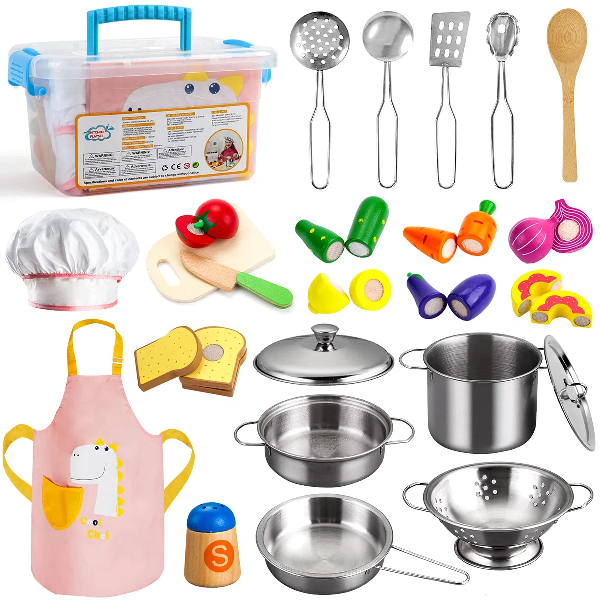 Sundaymot Giocattoli da Cucina per Bambini, Accessori Cucina Bambini con Acciaio Inossidabile Pentole Set, Grembiule e Cappello, Taglio Cibo Verdura Chef Gioco di Ruolo Set per Ragazze e Ragazzi