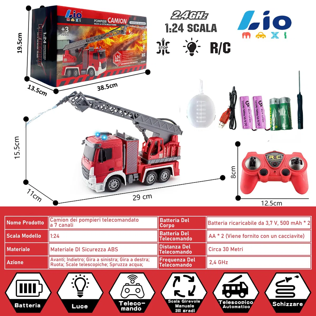 Scala 1:24 telecomandata Giocattolo camion pompieri,con pompa spruzzatrice d'acqua, Camion pompieri radiocomandato con scala estensibile e luci, Scala girevole Manuale, Ricaricabile,Rosso