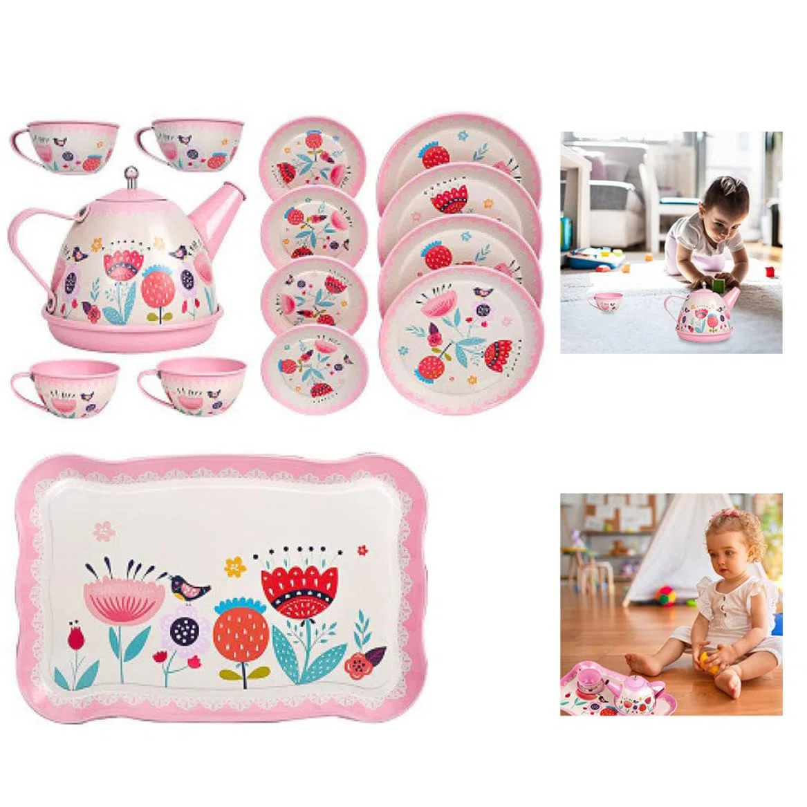 Set da tè per Bambini, Set da Gioco da 15 Pezzi con teiera, Giocattoli per Feste in Cucina, da Gioco per Bambini dai 3 Anni in su (Rosso Chiaro)