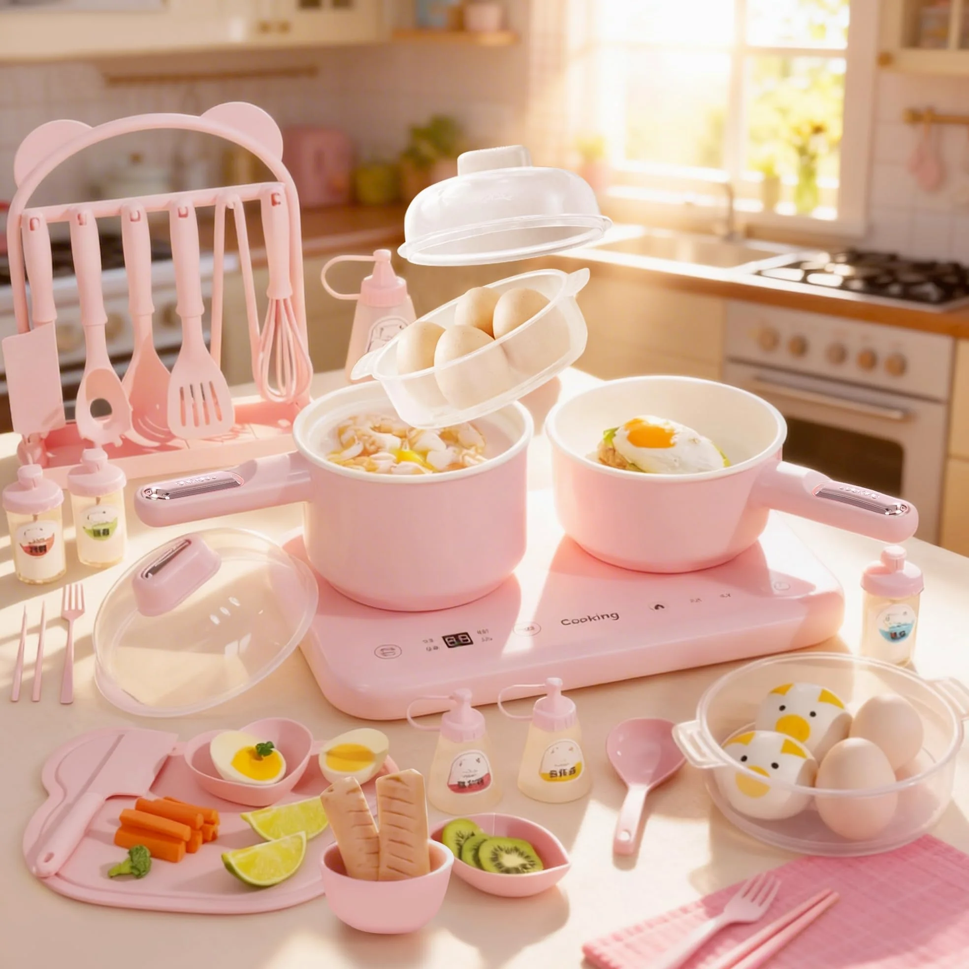 BICRET Set da cucina elettrica per bambini con doppio fuoco, accessori completi, include utensili da cucina e coltello da chef sicuro, per bambini dagli 8 ai 12 anni (rosa)