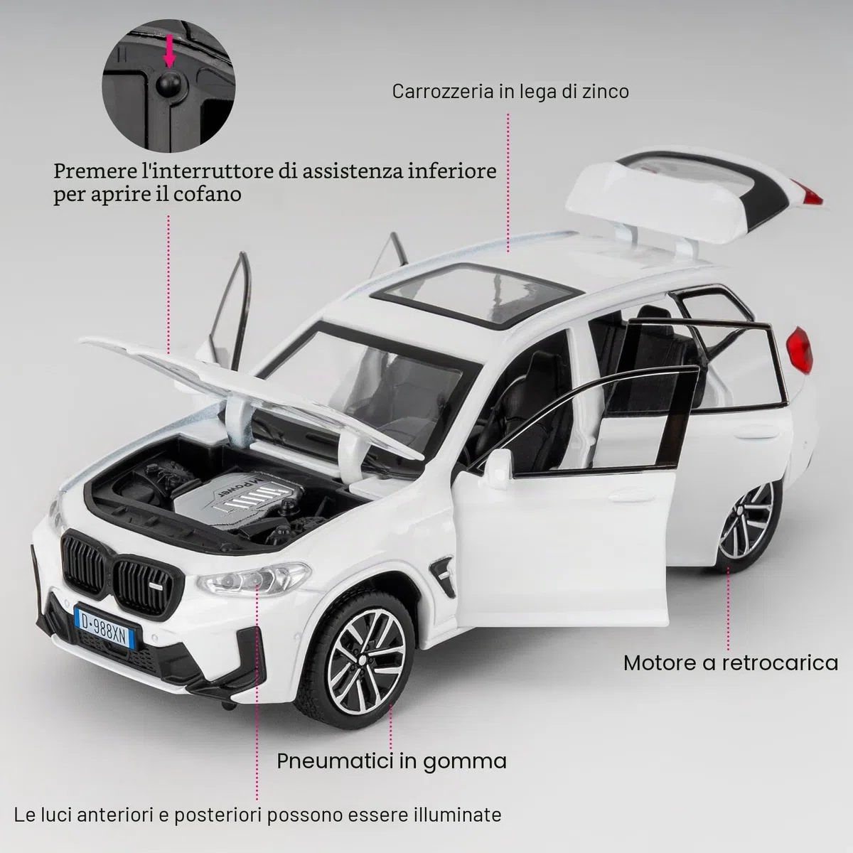 Auto giocattolo compatibile con 1:32 X3M modellino auto, Pull Back Diecast Collectible Car con suoni e luci per bambini, ragazzi, ragazze e adulti, regalo bianco