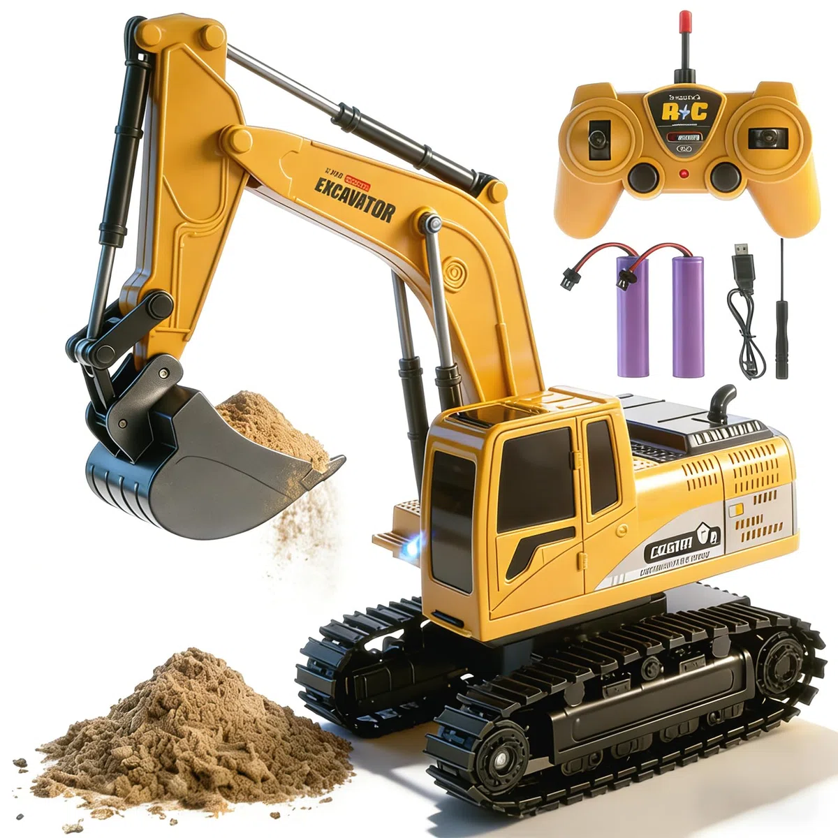 Jiakora Escavatore Telecomandato per Bambini, Escavatori Radiocomandato con Spalletta in Metallo, Escavatore giocattoli per Ragazzi con luci e Suoni, Sand Digger Regali per Bambini dai 4-8 Anni