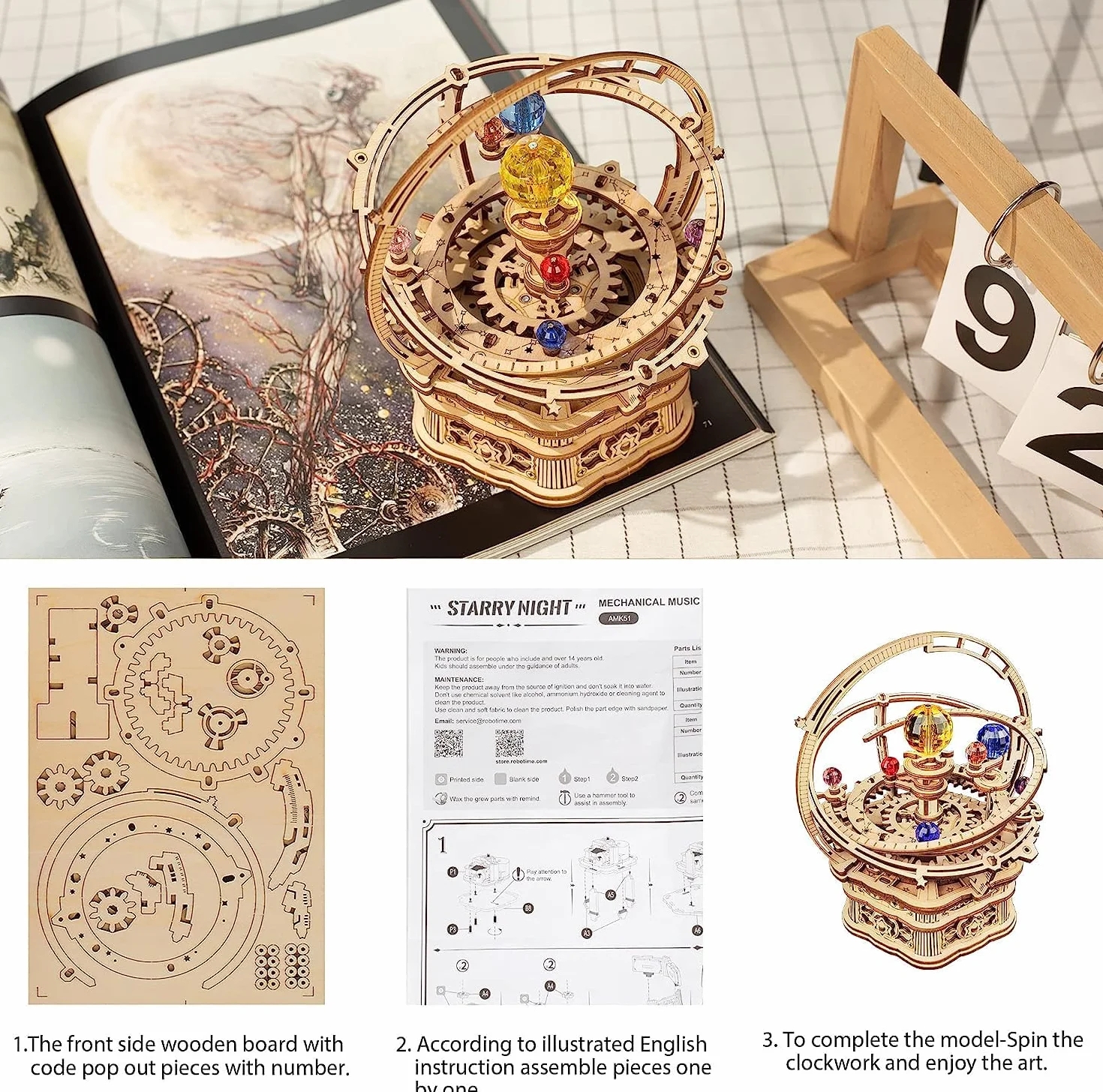 Robotime Puzzle 3D in Legno - Notte Stellata Scatola Musicale, Fai-da-Te Kit Modello Meccanico, Anello Meridiano Astronomico Girevole con La Musica