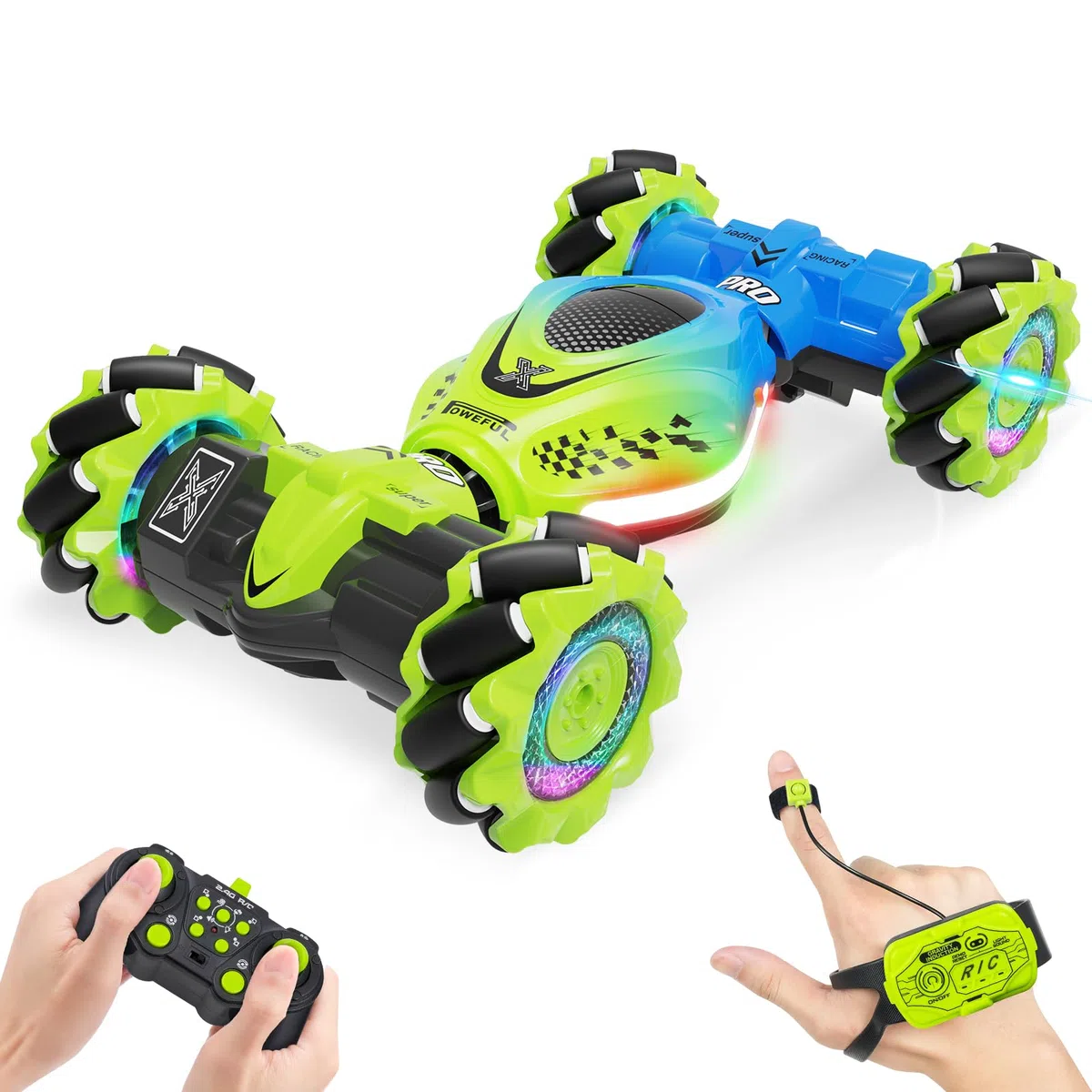 Dysaim Macchina Telecomandata RC Stunt Car Macchina Controllo con Telecomandata 2,4 GHz 4WD 360° Rotazione Crawler Offroad Car RC Drift Auto 2 Batteria Musica Natale Regalo per Bambini da 6 8 12 anni