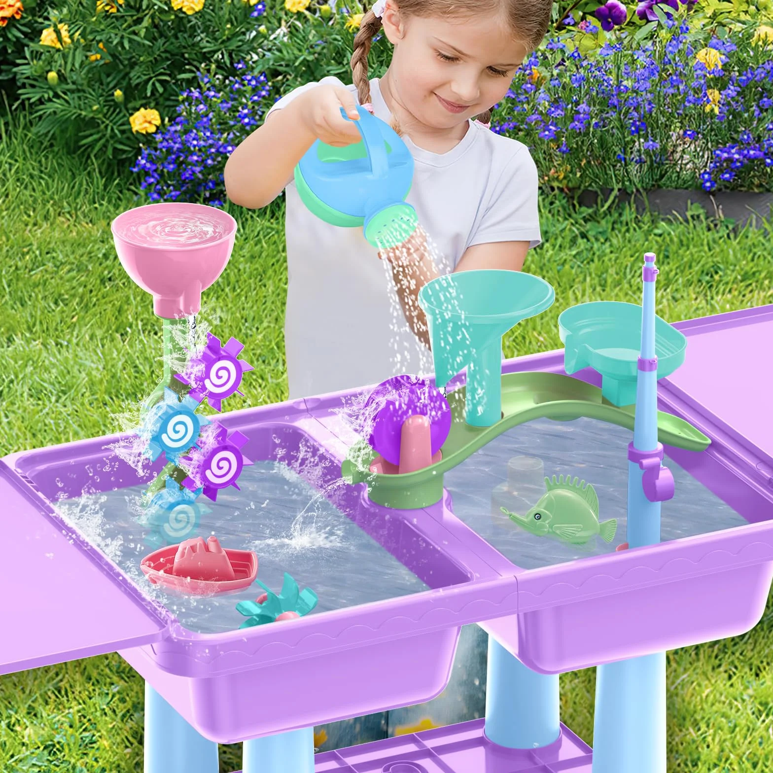 deAO Tavolo con Sabbia e Acqua per Bambini, Tavolo da Gioco, Tavolo Multifunzione, 26 PCS, 2 Canne da Pesca, Paletta per Sabbia, Ruota dell’Acqua, Tavolo da Gioco con Coperchio, 3 Anni+ (Viola)