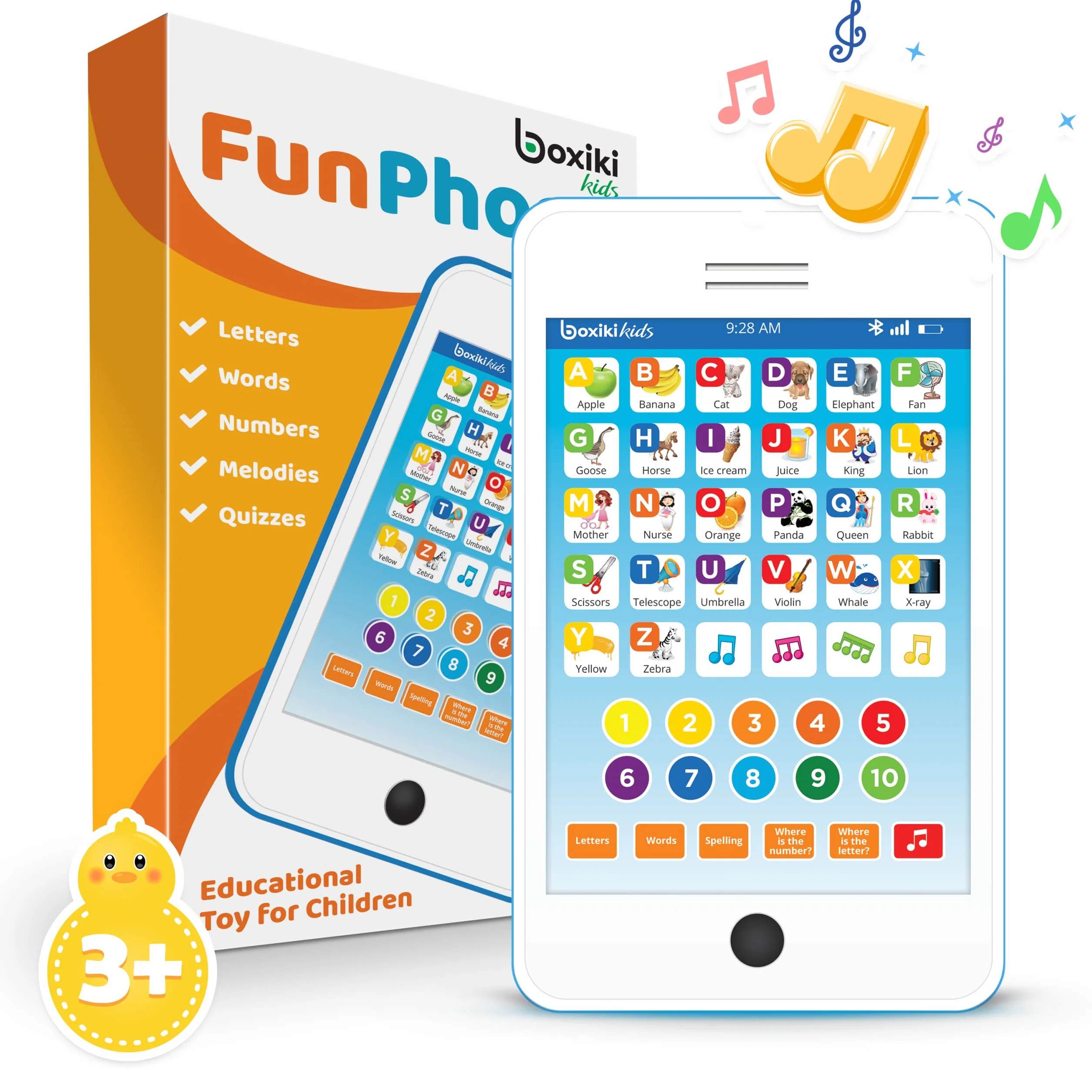 Boxiki kids Tablet Phone per bambini con 6 giochi educativi interattivi Tablet per numeri di apprendimento, alfabeto, ortografia, gioco, melodie | Giocattolo educativo