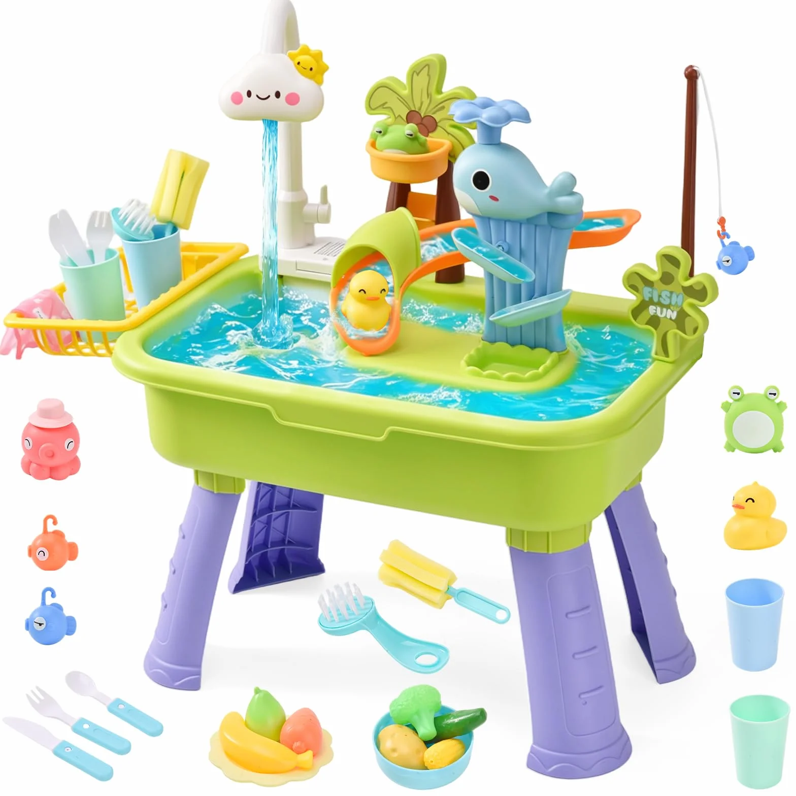 4 in 1 Tavolo Acqua Bambini con Pompa, Lavandino Giocattolo con Acqua Corrente, Gioco di Pesca e Scivolo, Tavolo d’Acqua per Bambini Esterno, Gioco Sensoriale per Bambini da 3 Anni