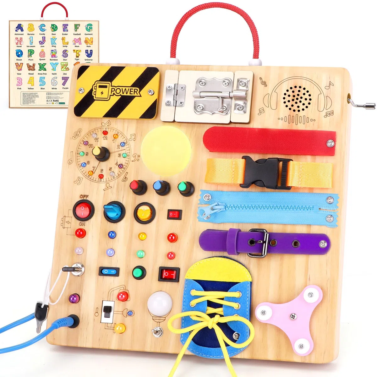 Montessori Busy Board 23 in 1 per bambini a partire da 1 anno, giocattolo in legno con 15 interruttori, 26 luci LED, scatola musicale, chiusura lampo e lucchetto, giocattolo sensoriale per bambini da