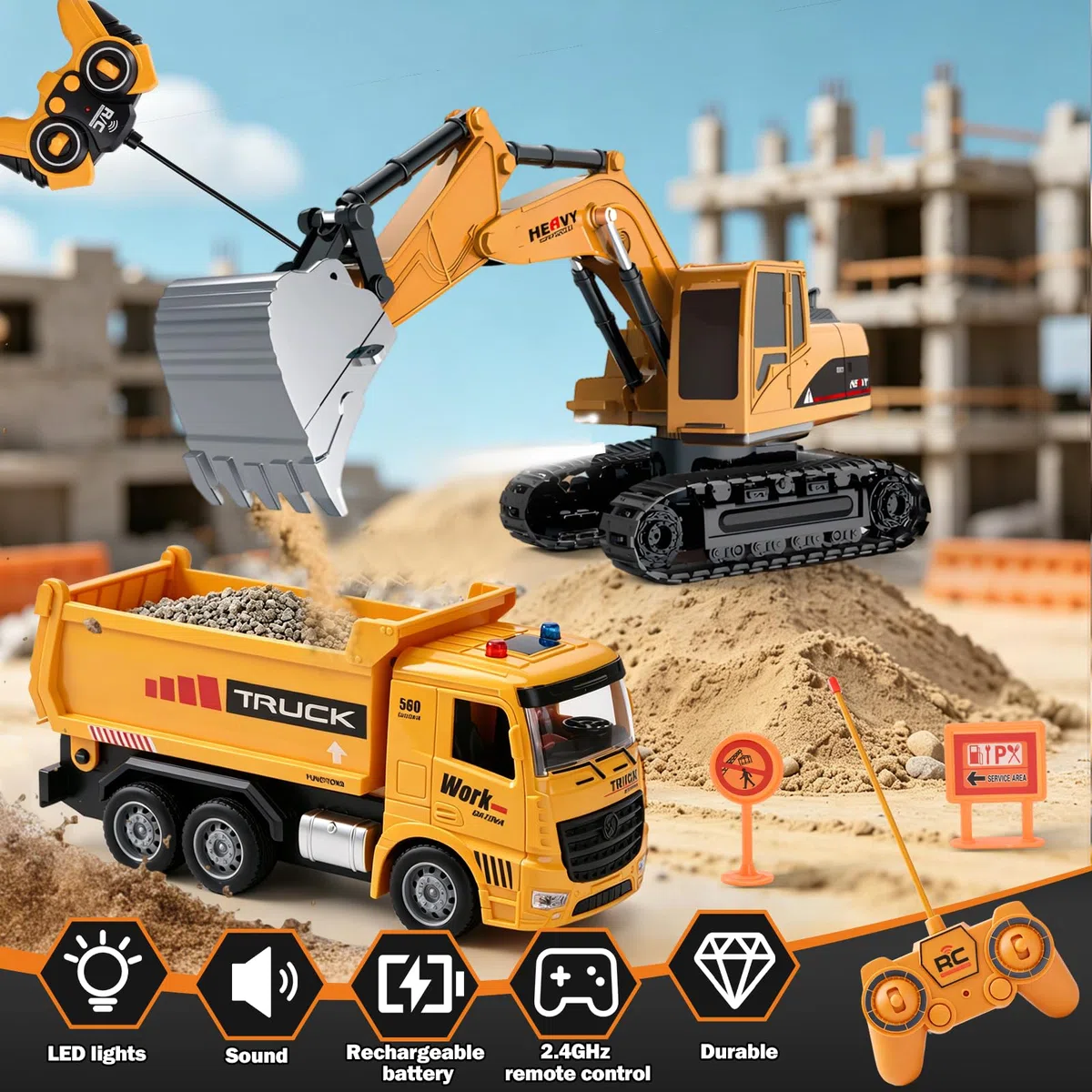 Camion Ribaltabile Telecomandato, 2.4GHz Veicolo da Costruzione RC per Bambini, Escavatore Radiocomandato con Barriere, Pietre Simulate, Luci e Rumori ecc, Giochi Bambini 4-12 Anni Regalo (A)
