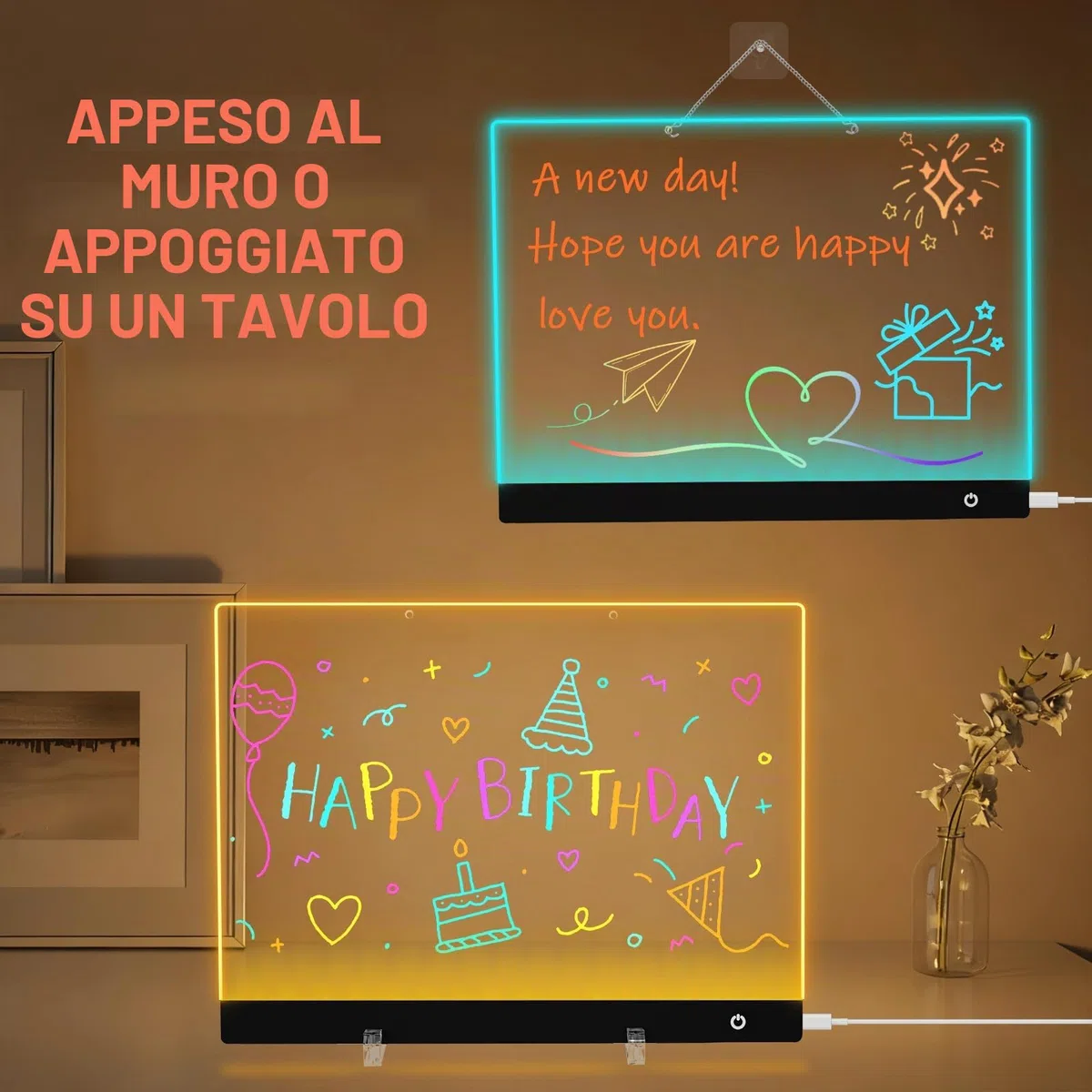 Lavagnetta in Acrilico con Luci LED, 35x25cm Lavagna Promemoria LED, 5 Modalità e 6 Colori Lavagna Luminosa per Disegnare, Tavoletta Grafica Bambini con Penna a 7 Colori, Catena, Supporto