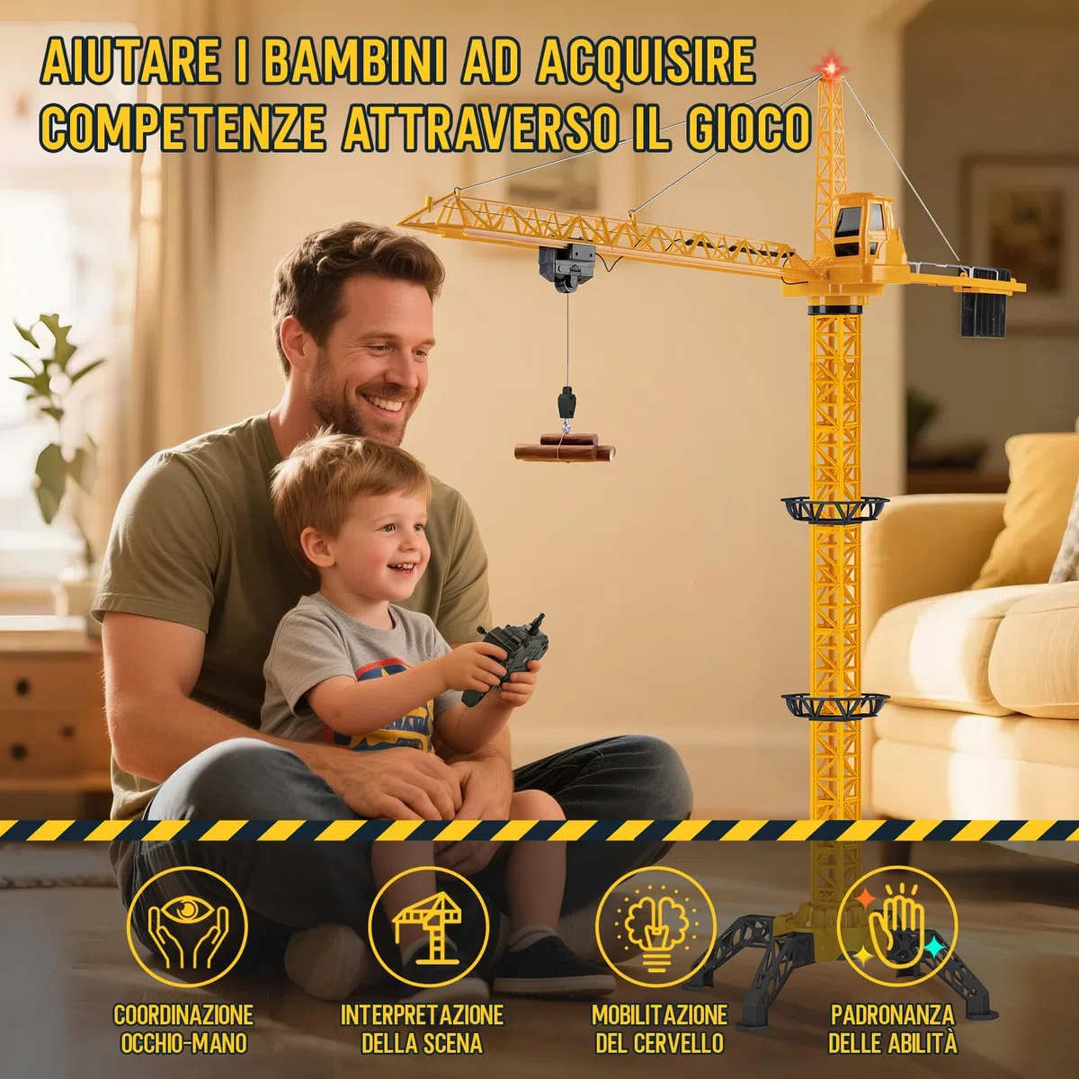 JONRRYIN Gru a Torre Telecomandata Alto 138 cm, 6 Canali 2,4 Hz RC Gru a Torre, Giocattolo da Costruzione Radiocomandata a 680° Rotazione con Luci per Bambini (Giallo)