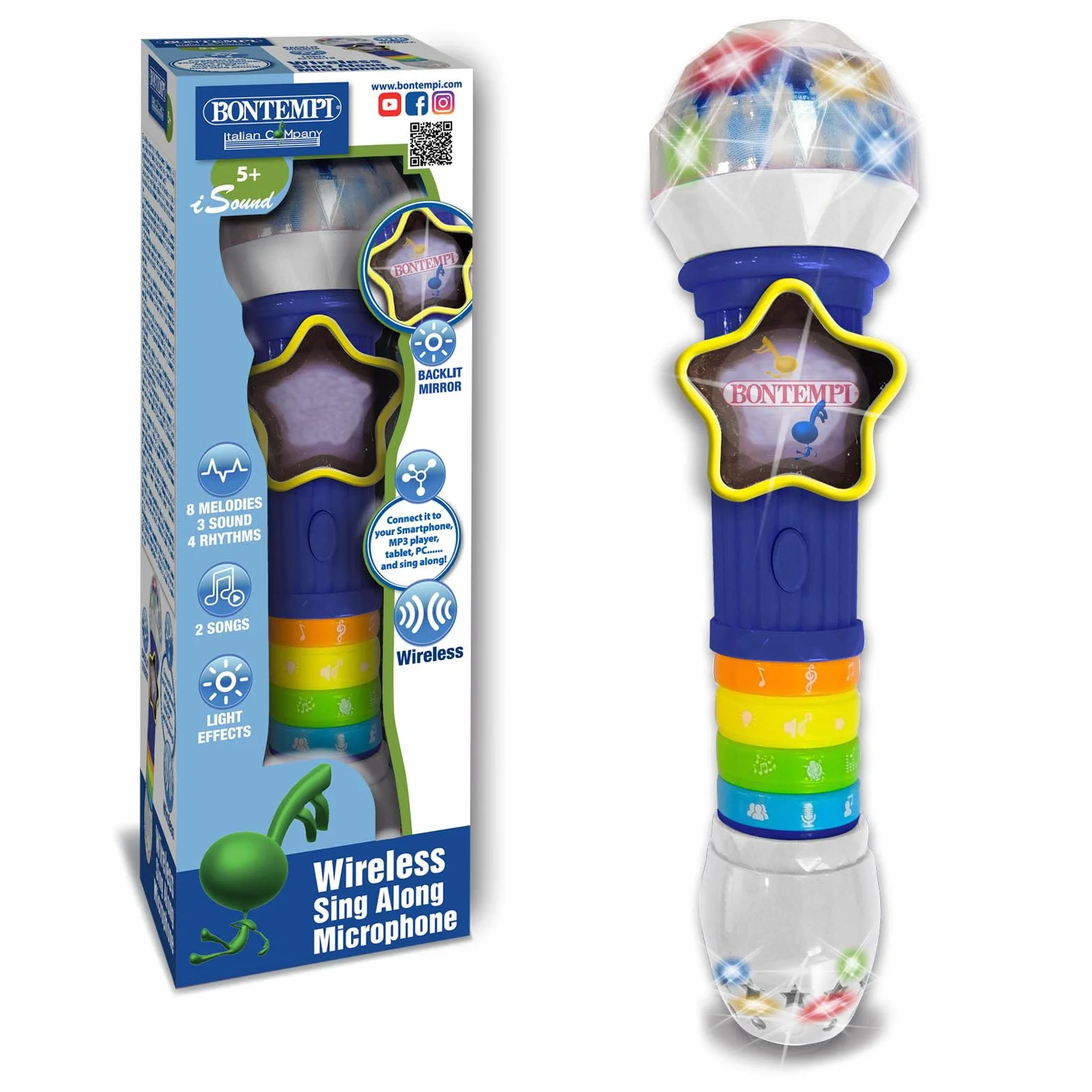 Bontempi | GlowWave Mic - Microfono Wireless con Effetti Luminosi e Sonori per Performance Magiche, 265x70x70 mm