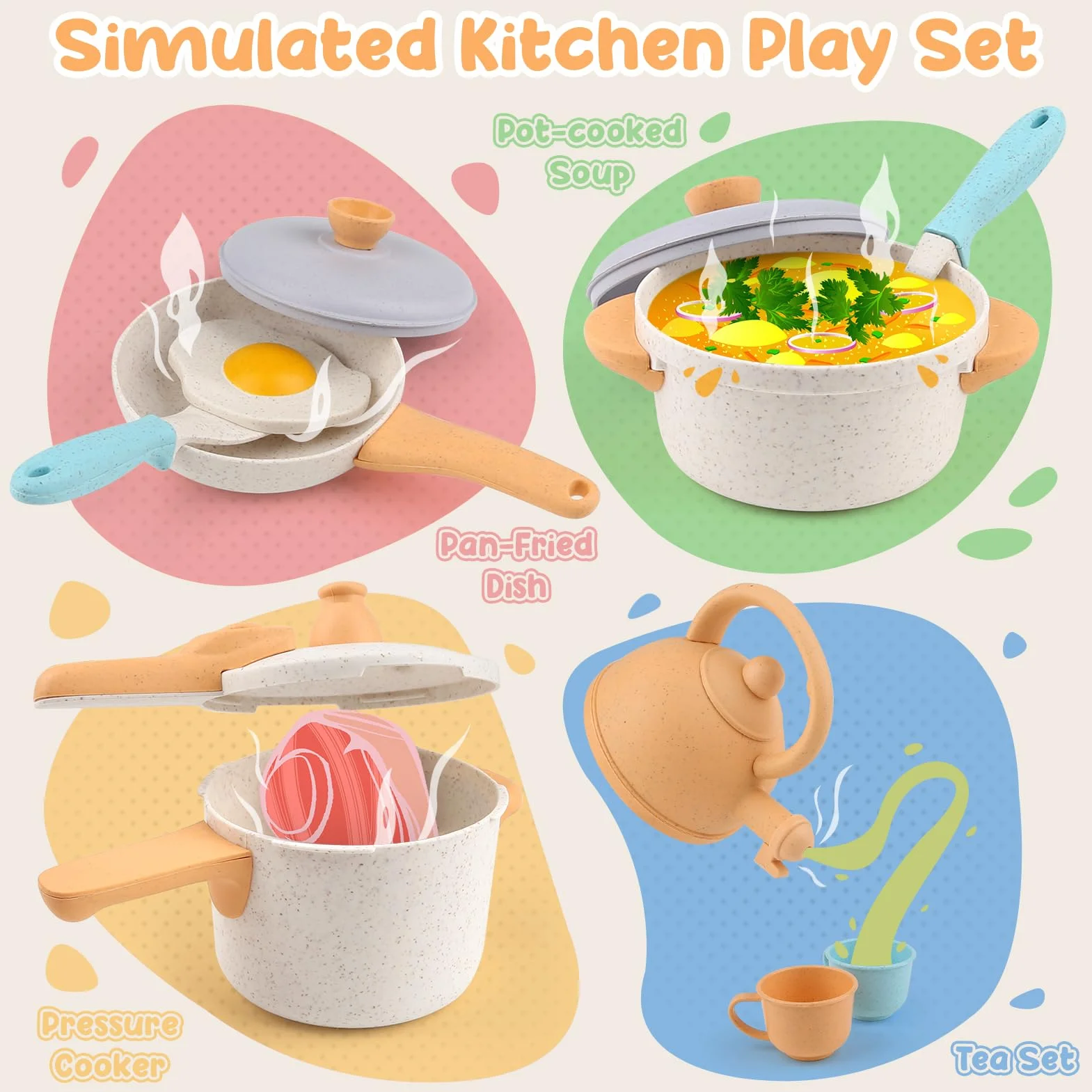 Dreamon Cucina Giocattolo per Bambini Set 31PCS Accessori Cucina Bambini Pentole e Padelle Giocattolo Gameplay Sicuro e Durevole Regali per Bambino Bambina di 3 4 5 6 Anni
