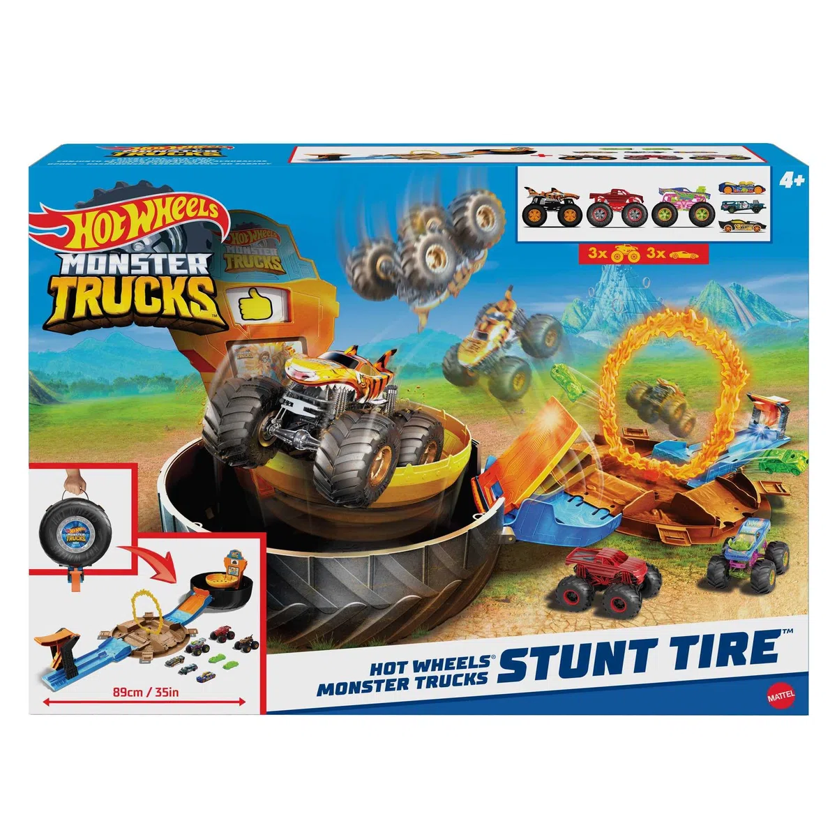 Hot Wheels Monster Trucks - Ruota Acrobatica, playset arena portatile con 3 veicoli Monster Trucks e 3 macchinine in scala 1:64 incluse, giocattolo per bambini, 4+ anni, HHY74