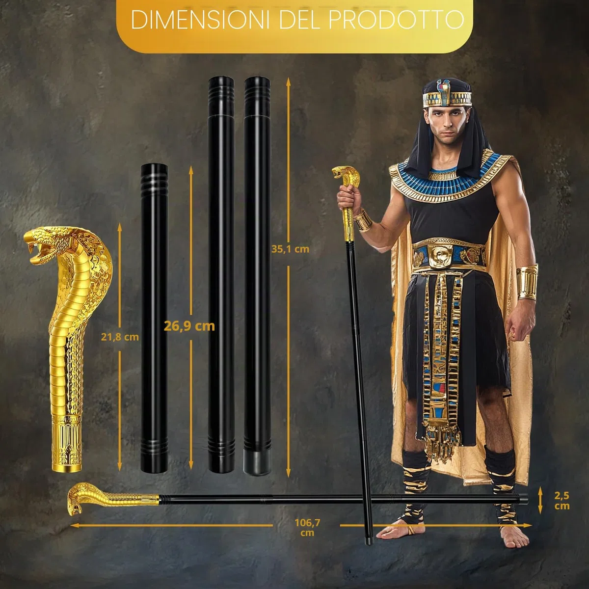 42IN Metal Cane with Snake Plastic Handle, Egyptian Staff for Pharaoh & Cleopatra Costume Mesmerizing Cosplay Prop for Halloween