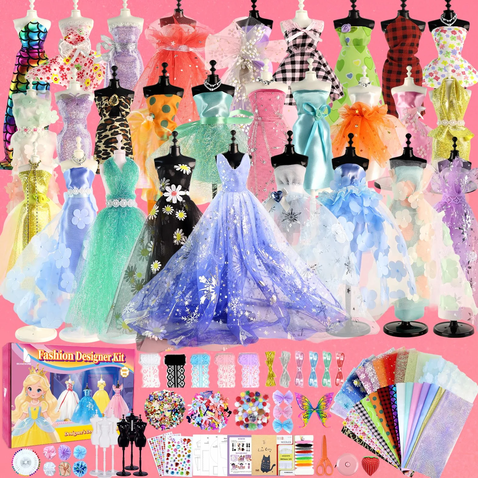 Beanewone Fashion Designer Kit 1000+ Pezzi, Kit Cucito Bambina Include 30 Pezzi di Tessuto e 6 Manichino, Kit di Design di Moda per Ragazze 6 Anni, Arte e Artigianato Creativi 6 7 8 9 10 11 12+ Anni