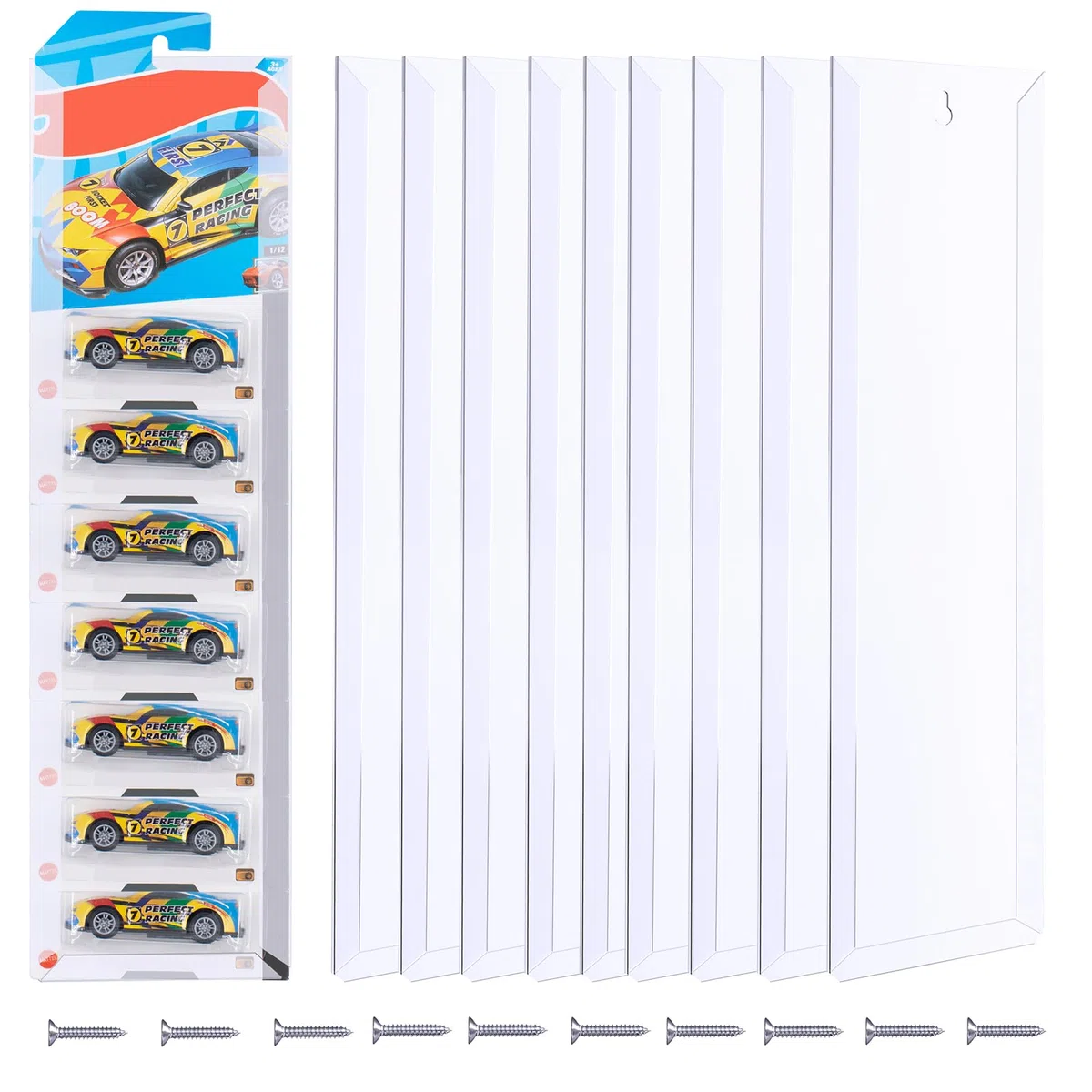 Set di 10 Vetrine per auto da parete in Plastica Organizer per auto in Pressofusione con confezione blister Scaffalatura da parete 42,5x11,2 cm