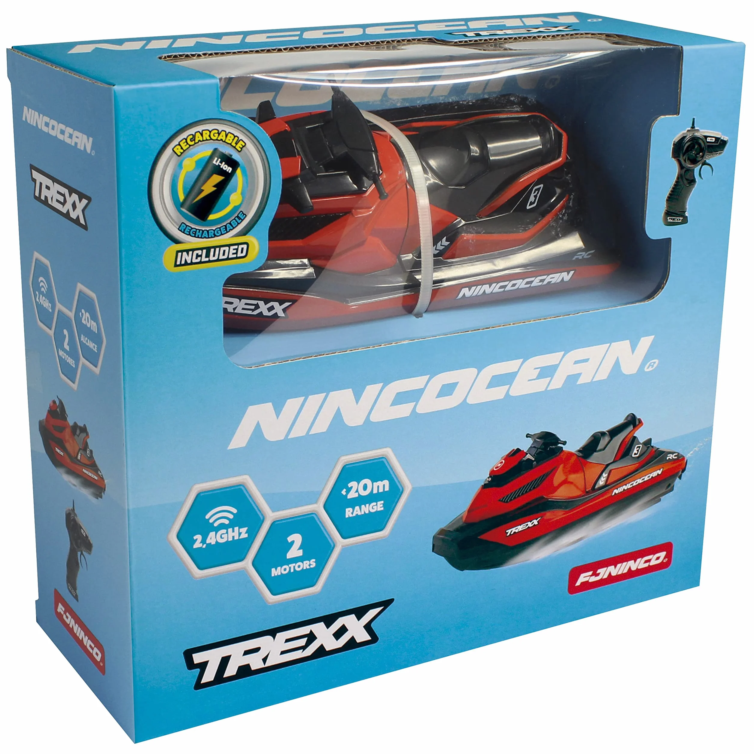 Ninco - NincOcean Trexx Spettacolare Moto D'Acqua a 2 Motori | Stazione con Tecnologia 2.4 Ghz | Batteria agli Ioni di Litio 3.7 V e 500 Mah | Misure 24.5 X 22 X 9 Cm | A Partire da 6 Anni (NH99038)