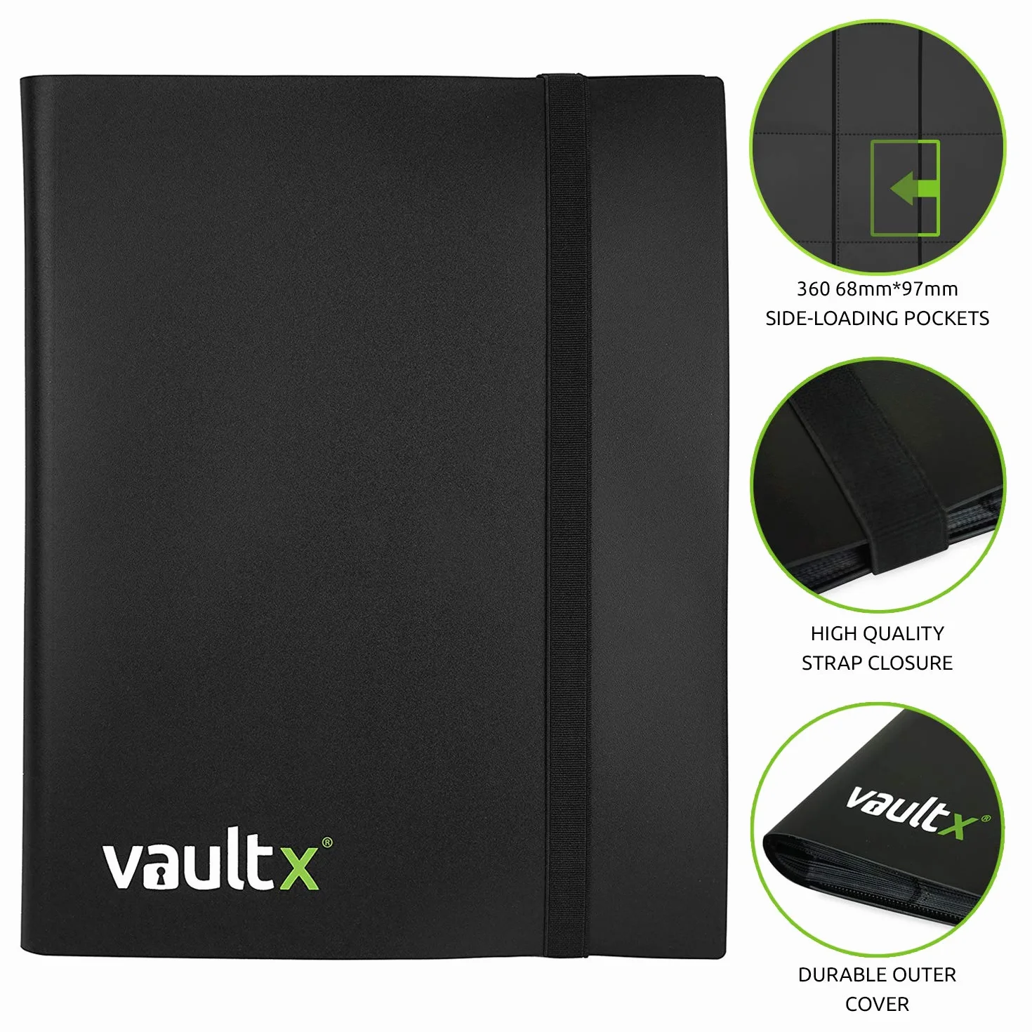 Vault X Raccoglitore per Carte da Collezione a 9 Tasche con Cinturino, 360 Carte, Formato Standard, 20 Pagine a Caricamento Laterale, Raccoglitore per Giochi di Carte Collezionabili, Sport, TCG (Nero)