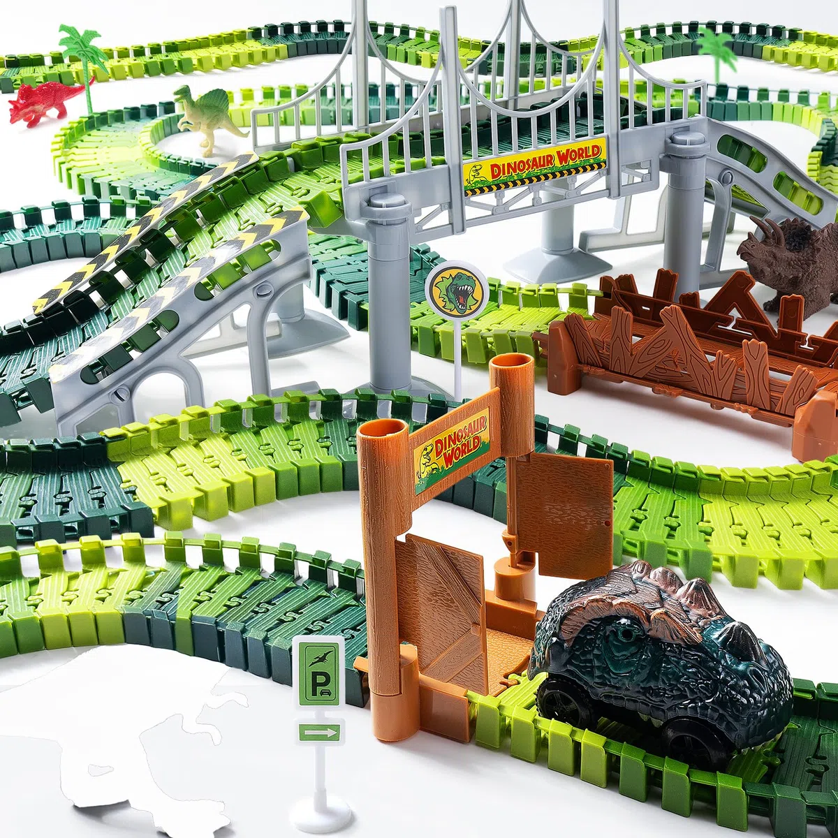 Pista Macchinine Dinosauro Giocattolo Autocarro Pista da Corsa Fai da te Giocattolo per Bambini con 2 Pezzi Dinosauri Auto per 3 4 5 6 Anni Ragazzi Ragazze compleanno festa favore regalo