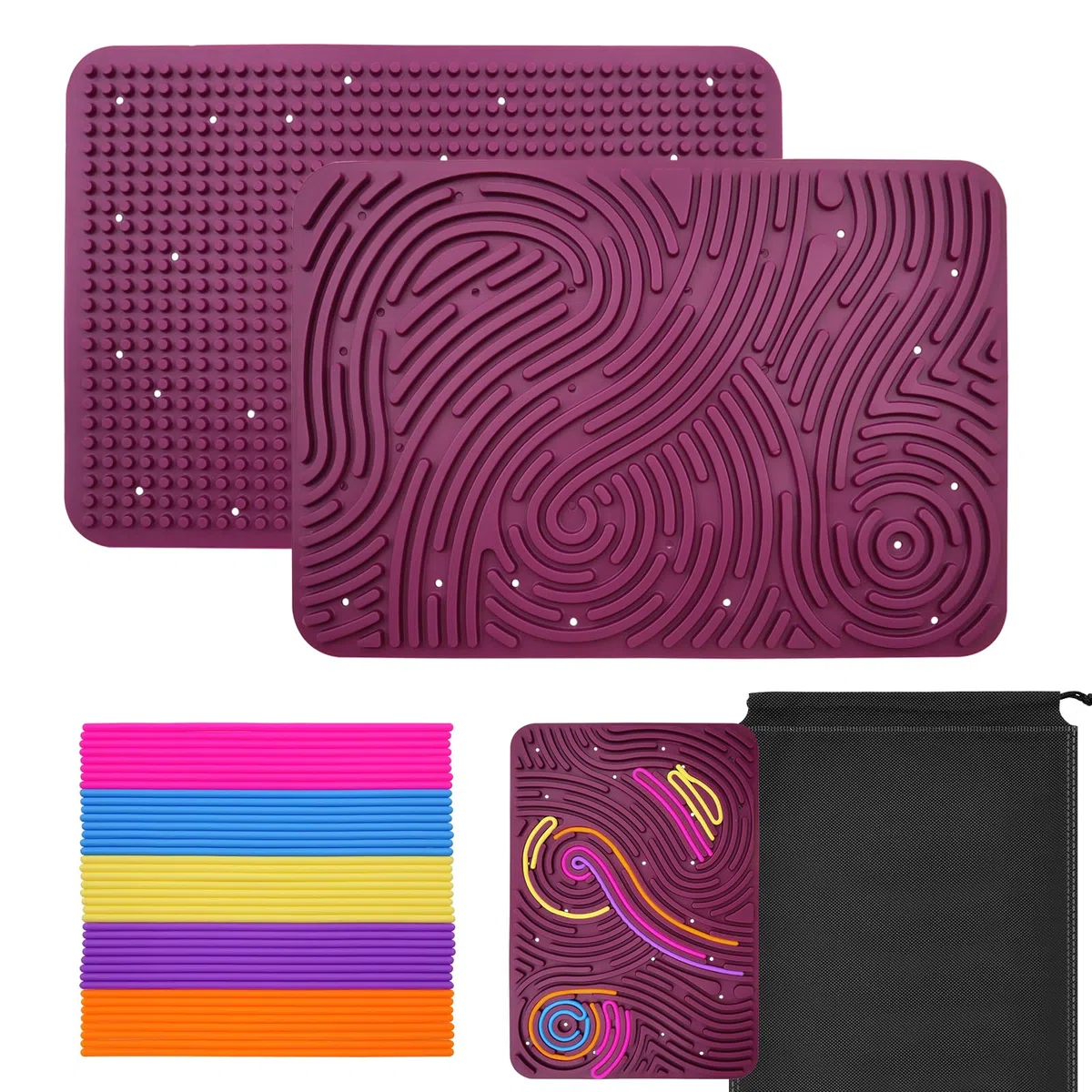 OMJMYY Sensory Activity Board 20 x 29.5 cm Tavola da attività Sensoriale Silicone Fidget Toy con Borsa da Viaggio e 40 Corde per Bambini e Adulti ADHD Ansia Stress Autismo (Rosso Scuro)