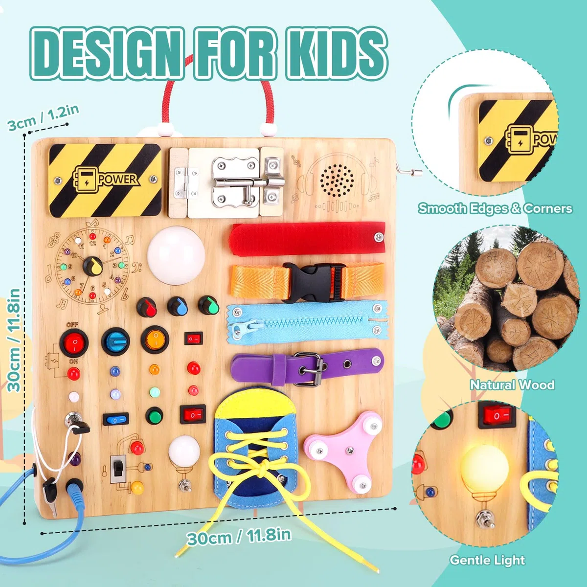 Montessori Busy Board 23 in 1 per bambini a partire da 1 anno, giocattolo in legno con 15 interruttori, 26 luci LED, scatola musicale, chiusura lampo e lucchetto, giocattolo sensoriale per bambini da