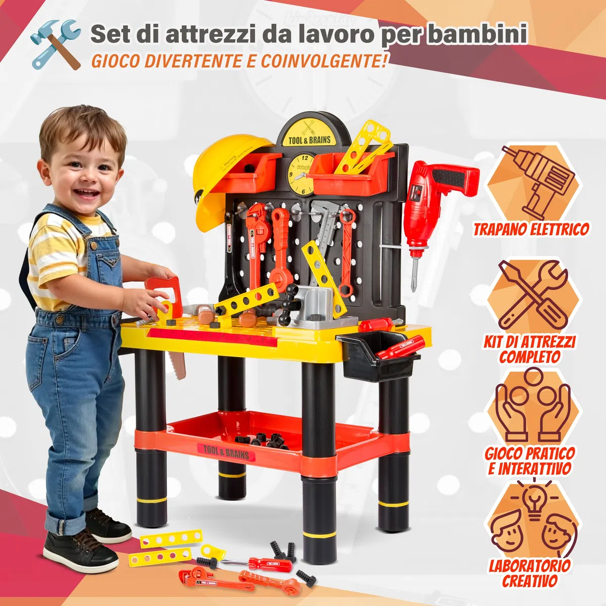 Kinderplay Banco da Lavoro Bambini – Officina Giocattolo con Trapano Elettrico e 50 Accessori – 3+ Anni – Casco Incluso – 58x33x68 cm