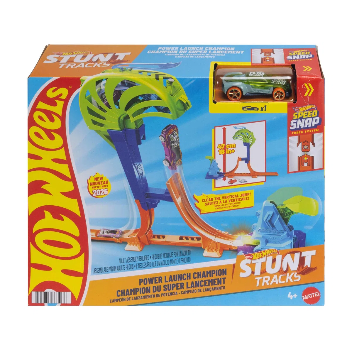 Hot Wheels Stunt Tracks - Campione del Power Launch, pista con sistema Speed Snap e veicolo incluso, salto di 45cm e Gabbia di Atterraggio per acrobazie mozzafiato, 4+ anni, JHK75