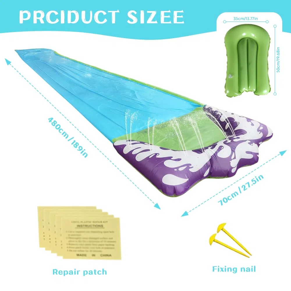 Scivolo d'Acqua, 480 x 70 cm Scivolo d'Acqua per Prato con Irrigatore, Scivolo Acquatico Giardino con Ricambi e Bodyboard, per Feste Estive e Attività in Giardino (Blu)