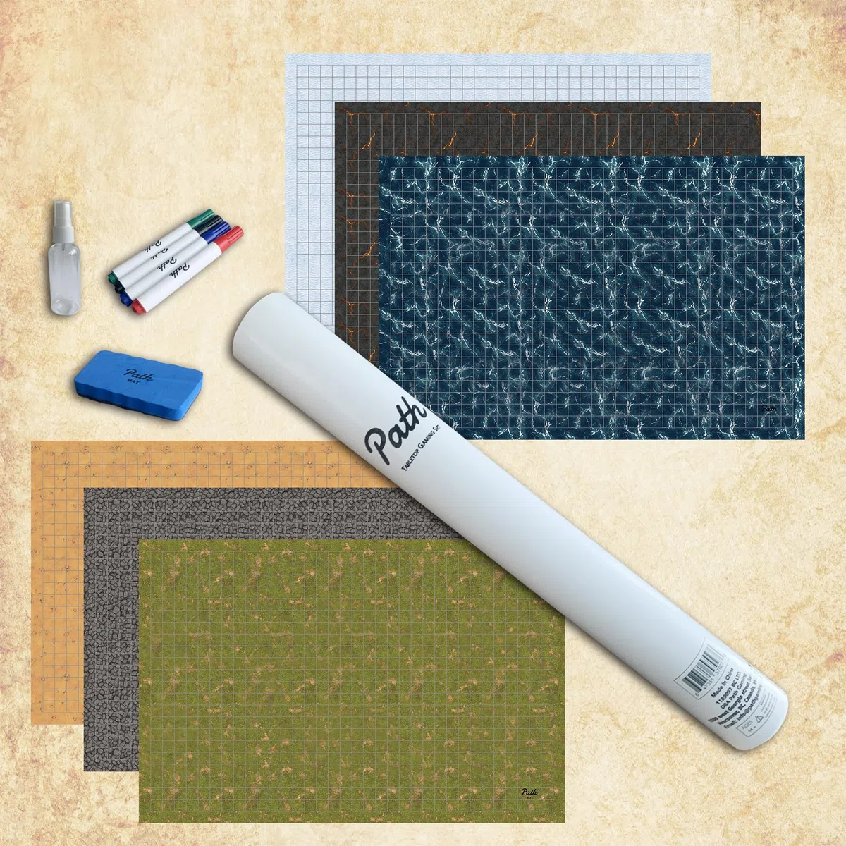 Path Gaming Tappetino da gioco con griglia di battaglia su entrambi i lati, 91 x 61 cm, 3 tappetini, 6 terreni, 4 pennarelli, 1 gomma e 1 flacone spray. Ideale per Dungeon e Dragons/DND