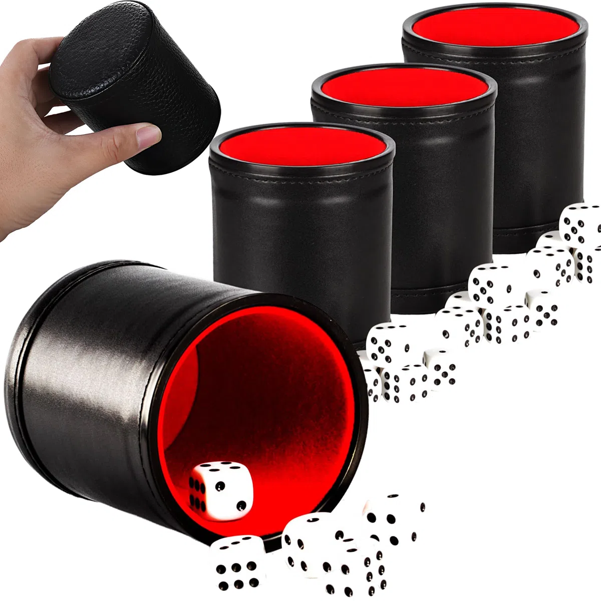 Coppa per Dadi in Pelle PU, Set di 4 Bicchieri in Pelle, con 20 Dadi, Gioco Rummikub, Agitatore per Dadi Silenzioso con Rivestimento in Feltro Rosso per Farkle Yahtzee Giochi da Tavolo