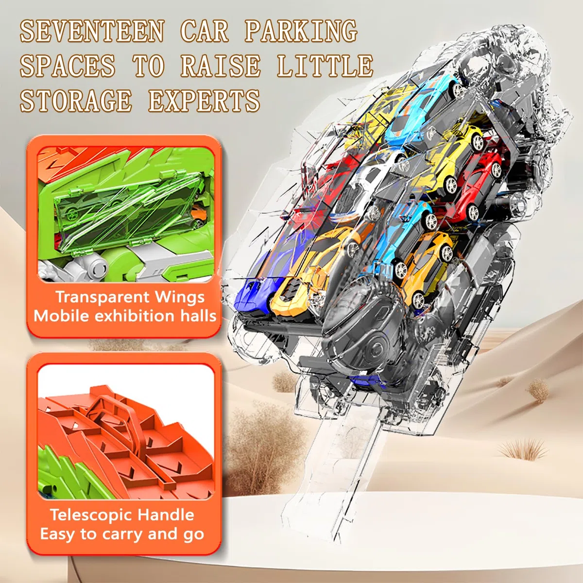 Dinosauro Camion Giocattolo con 8 Macchinine, Dinosauri Trasformabili per bambini 3 4 5 6 7 8+Anni,Garage,Set Pista da Corsa,Transforms in Dino con Ali,Camion Furgoni,Regali di Compleanno per Bambini