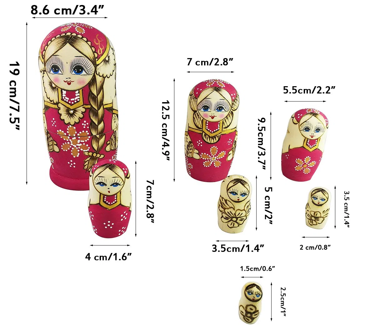 Winterworm Set 7 Pezzi Trecce Lunghe Ragazza Rosa Matrioska Bambole Babushka Bambole Tradizionali Russe di incastramento Regalo impilabile in Legno Regalo per Bambini