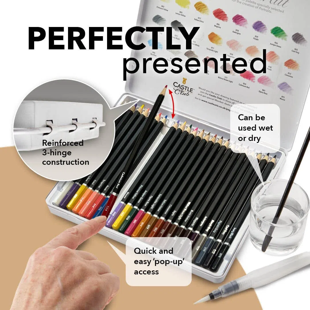 Castle Art Supplies Set di matite ad acquerello a tema Ritratti | 24 colori vivaci selezionati | Disegna e dipingi allo stesso tempo | Per artisti adulti e regali | In scatola speciale di latta