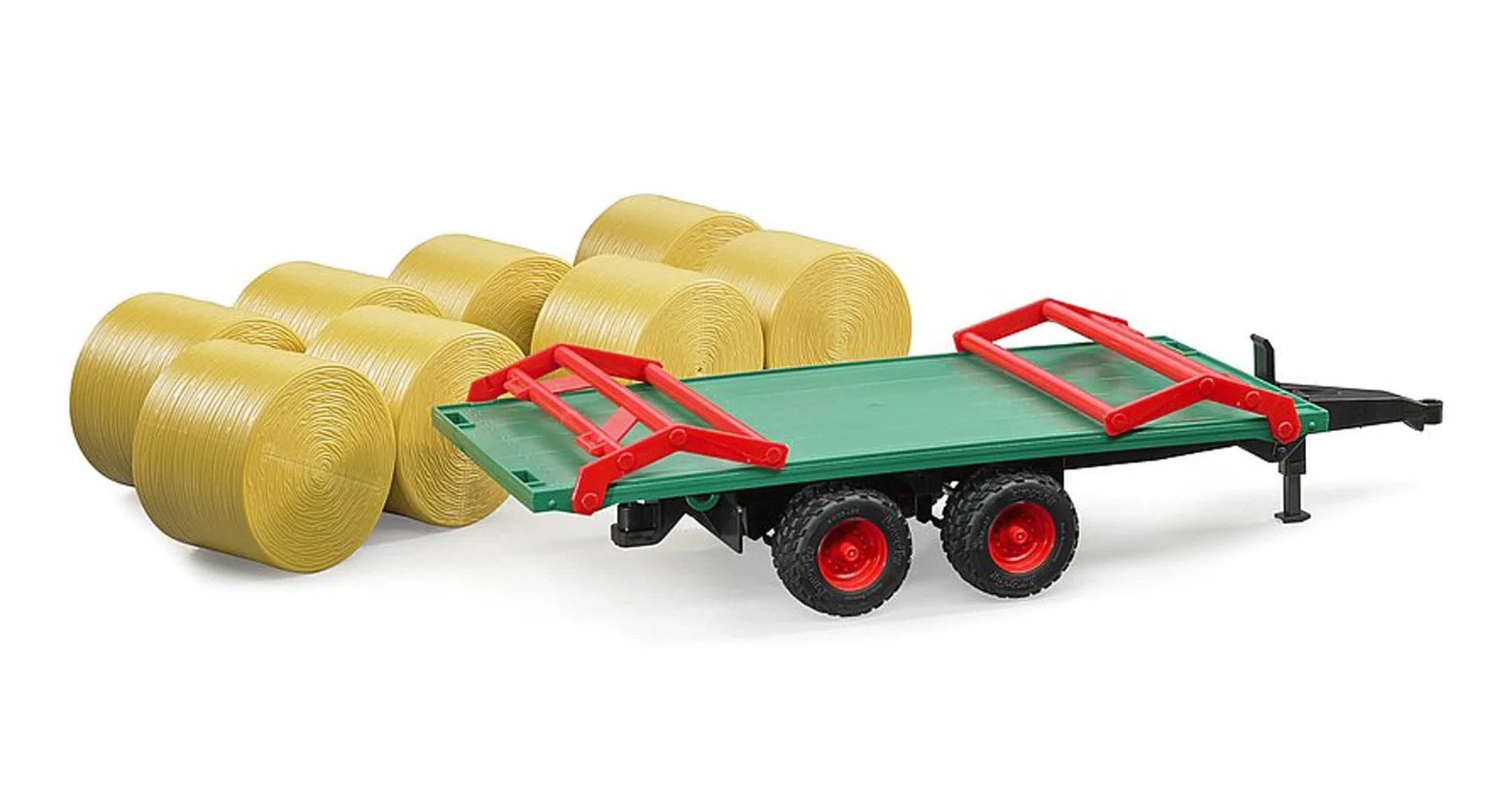 bruder 02220 - Rimorchio per trasporto balle con 8 balle rotonde, carro per balle, azienda agricola, rimorchio per trasporto