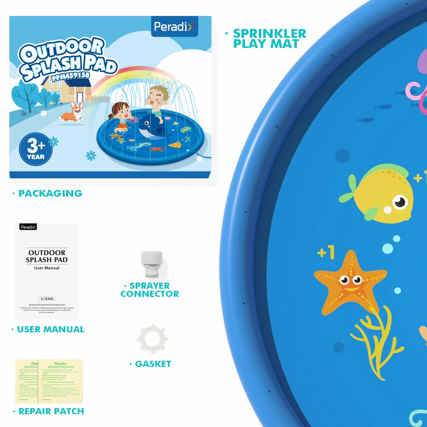 Peradix Tappetino Gioco d'Acqua per Bambini, (67 '' / 170 cm) Giocattoli Splash Play Mat all'Aperto Estate Giardino Piscina Gonfiabile per Neonati