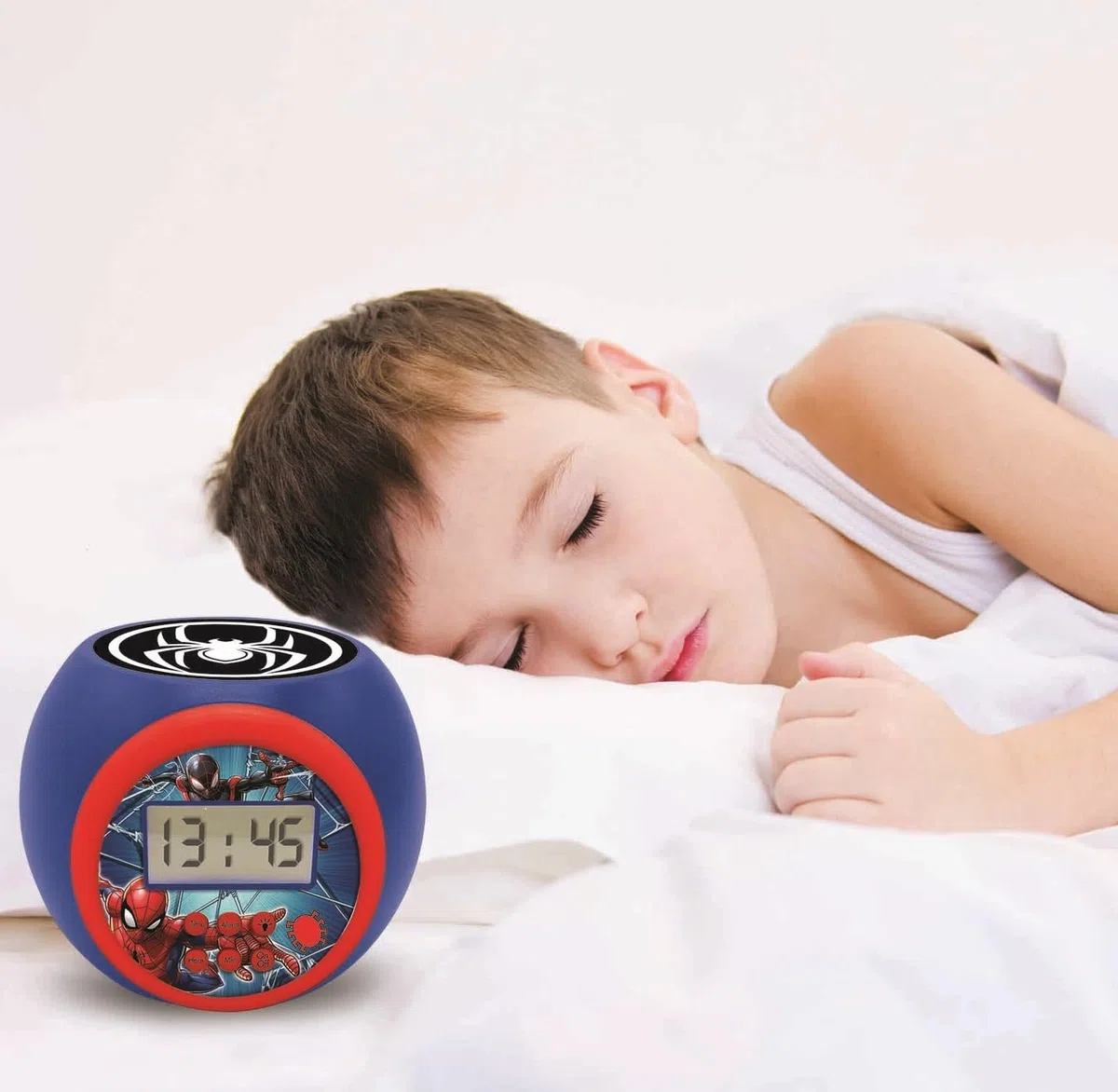 Lexibook - Marvel Spider-ManSveglia con proiettore con Funzione Snooze, Luce Notturna con Timer, Schermo LCD, a Batteria, Blu/Rosso, RL977SPLXB