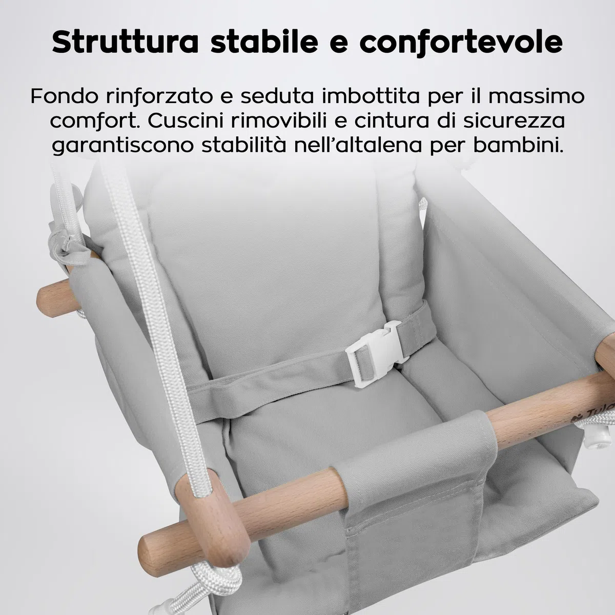 Tulano Hop 30 Altalena per bambini 6-36 mesi - Per interno ed esterno - Con cintura di sicurezza e cuscino - In legno e cotone - Facile da installare - Resistente fino a 36 kg – Grigio