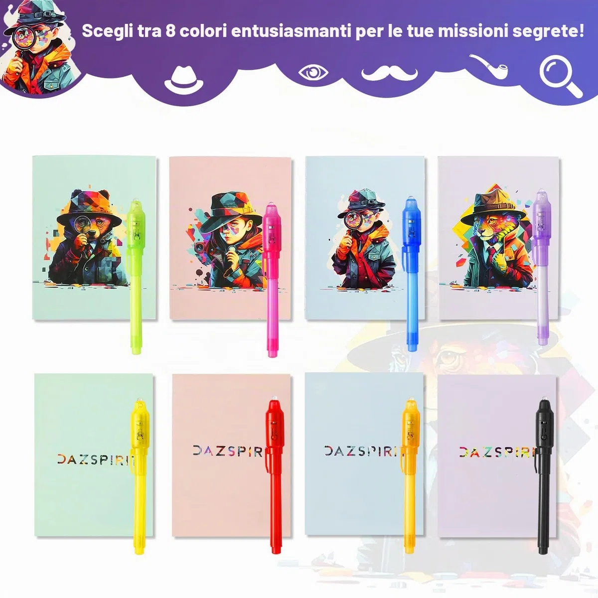 DazSpirit 32pcs Penna Inchiostro Invisibile e Taccuino, Tema Investigativo Penna Invisibile con Luce Gadget Compleanno Bambini, Penne Invisibili per Scrivere Messaggi Segreti (DB0002)